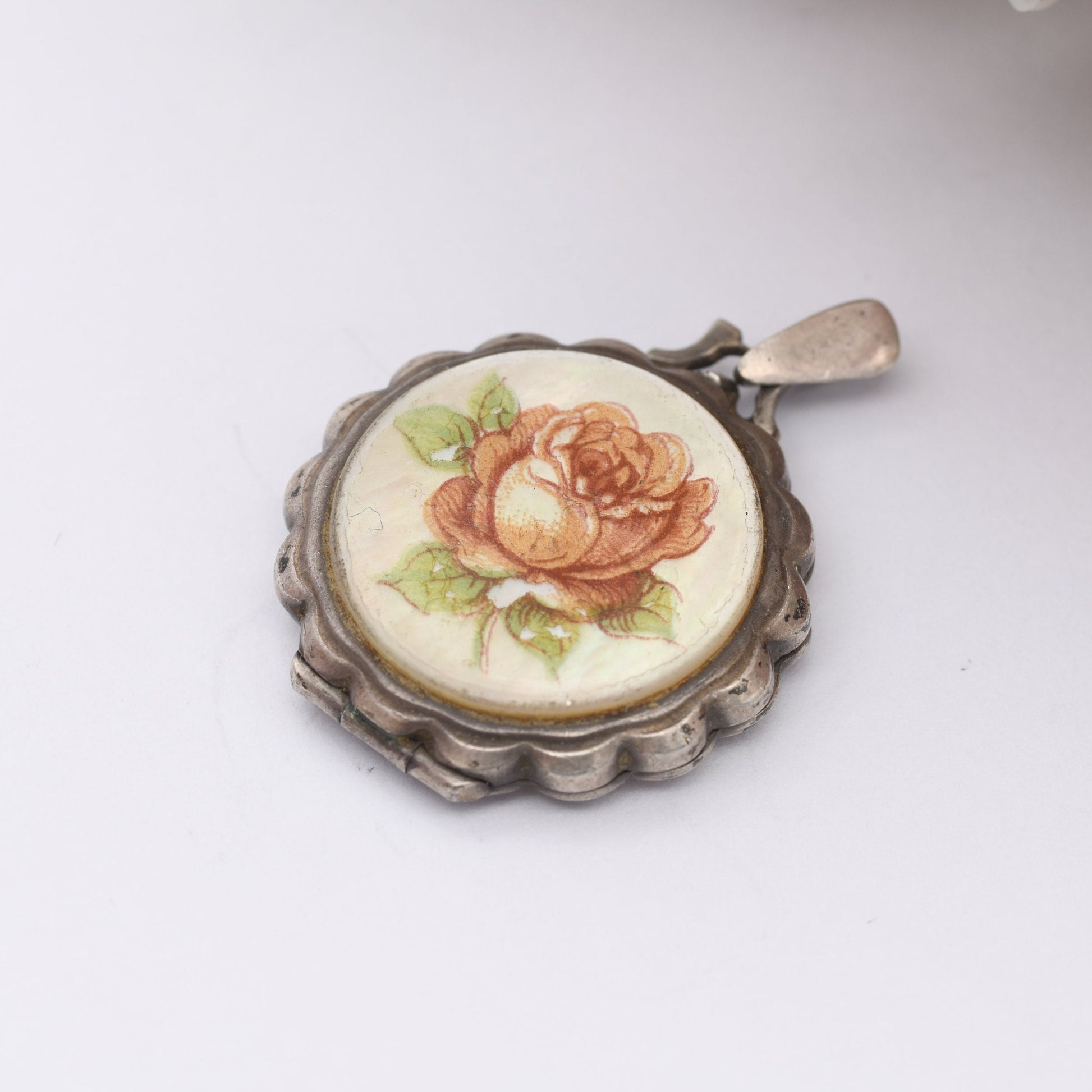 Vintage Sterling Silver Locket Pendant with Mother of Pearl Rose Flower Pattern - Pretty Little Silver Locket