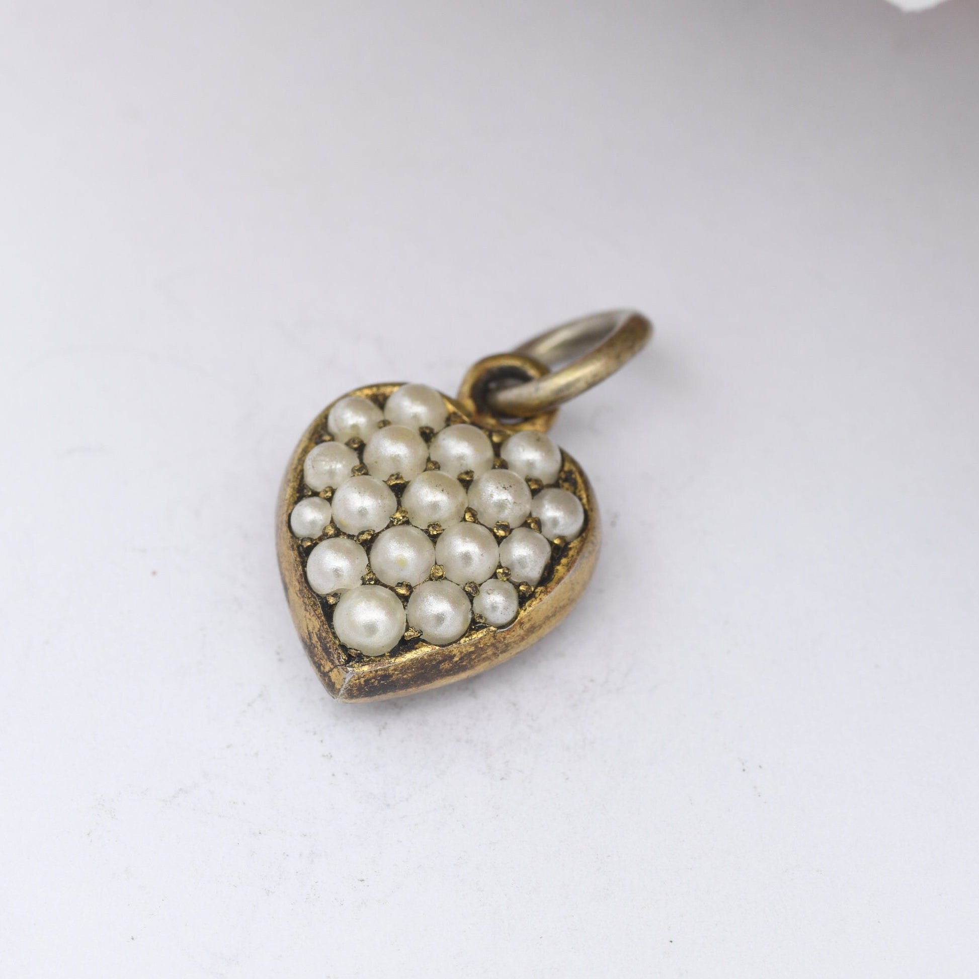 Antique Sterling Silver Heart Charm Pendant with Imitation Pearls