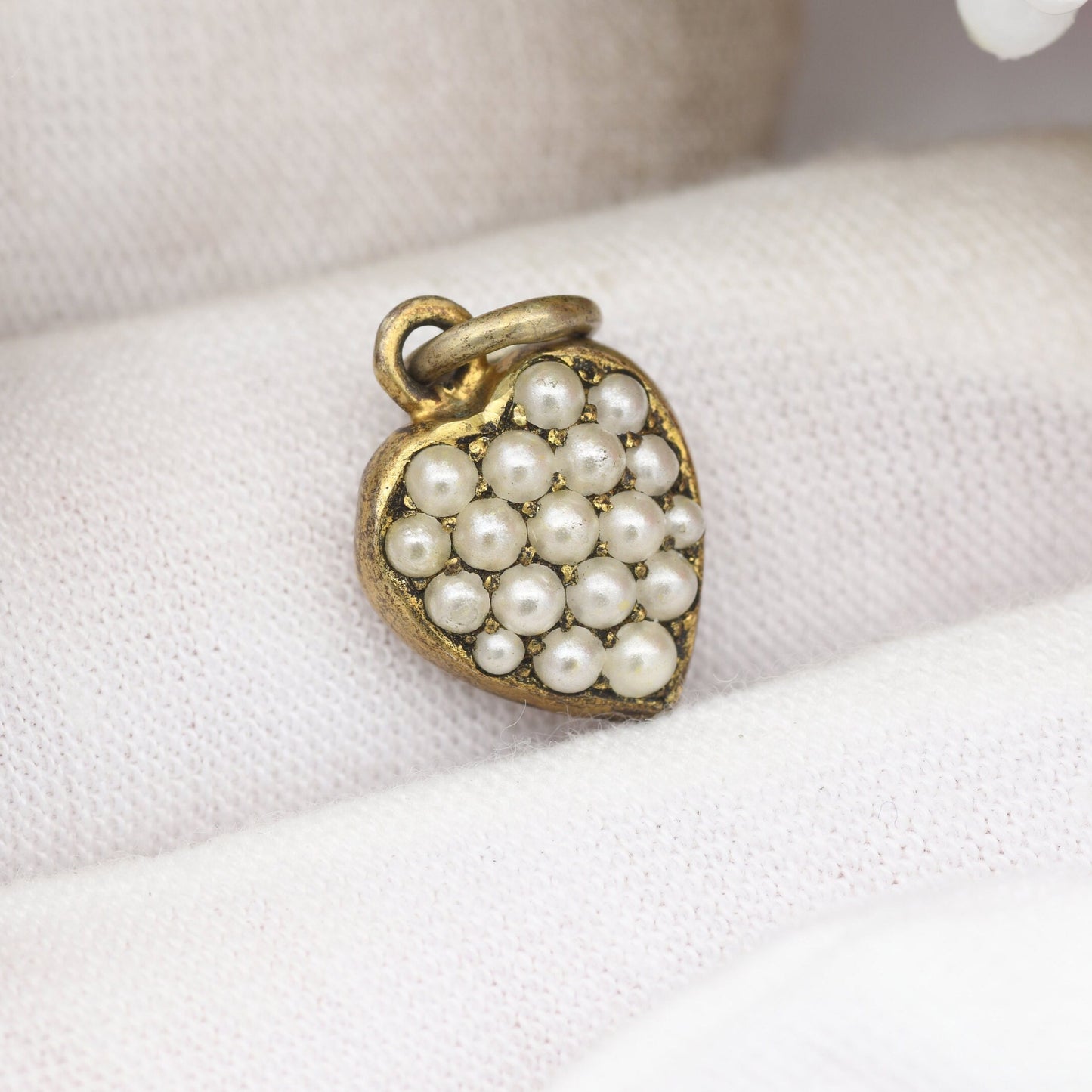 Antique Sterling Silver Heart Charm Pendant with Imitation Pearls