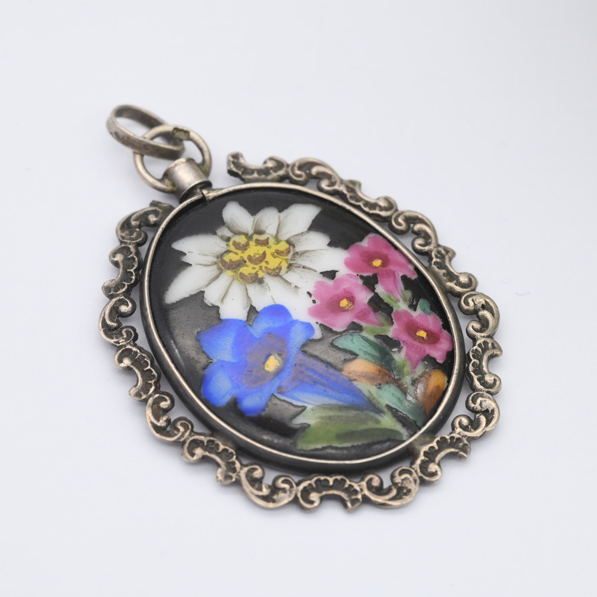 Vintage Silver Hand Painted Ceramic Flowers Pendant with Scrolling Design Frame - German Handgemalt