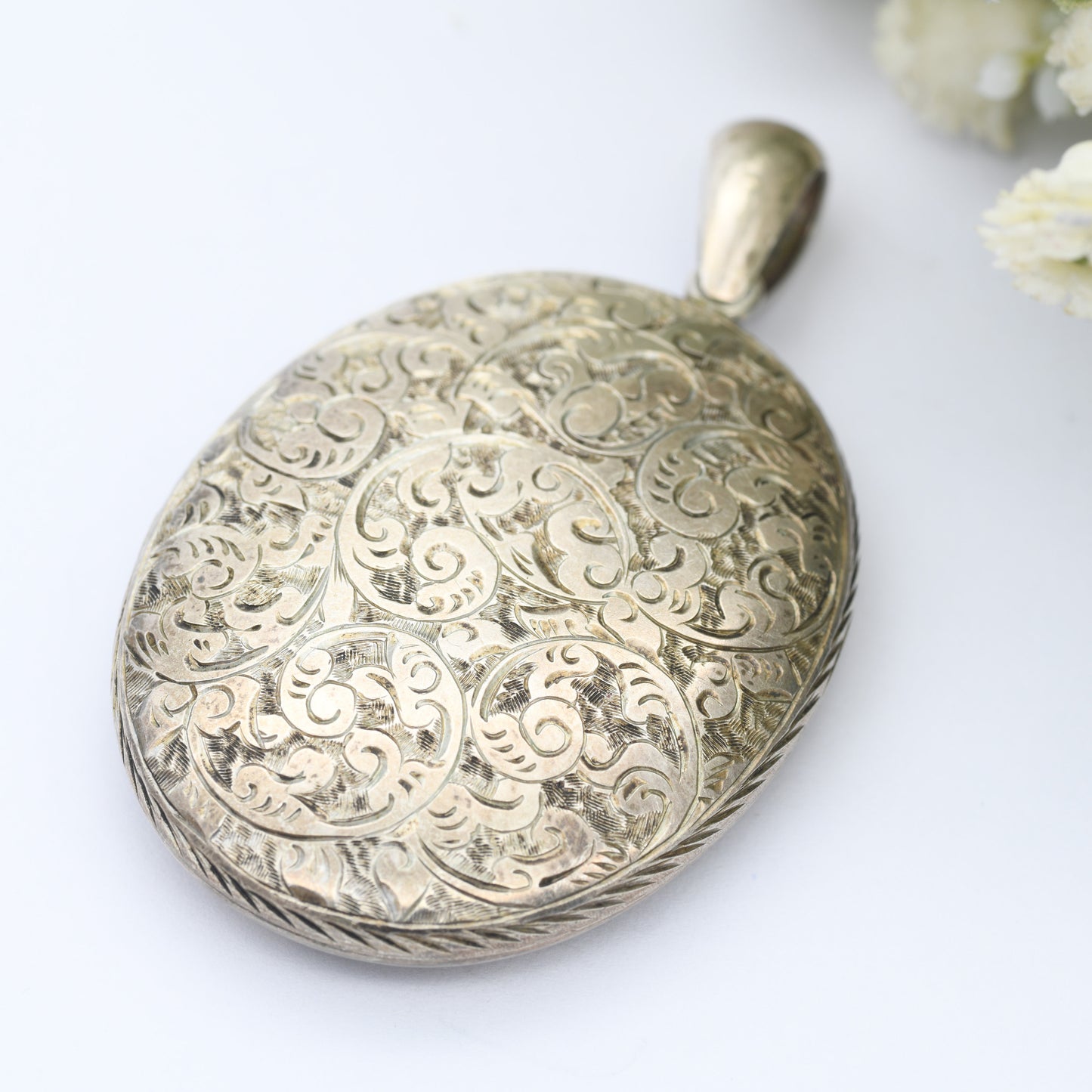 Antique Sterling Silver Locket with Engraved Scrolling Design - Victorian Large Oval Pendant