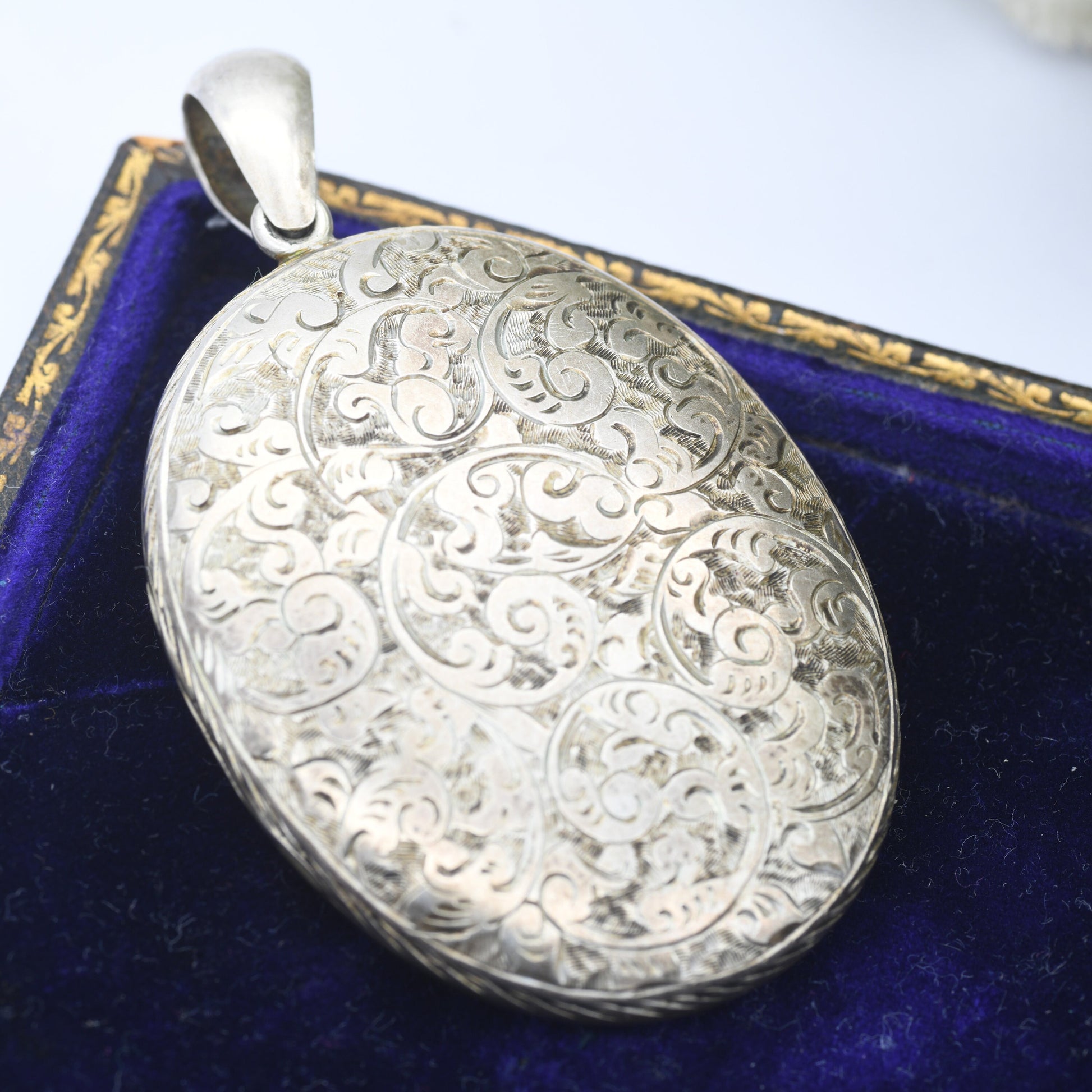 Antique Sterling Silver Locket with Engraved Scrolling Design - Victorian Large Oval Pendant