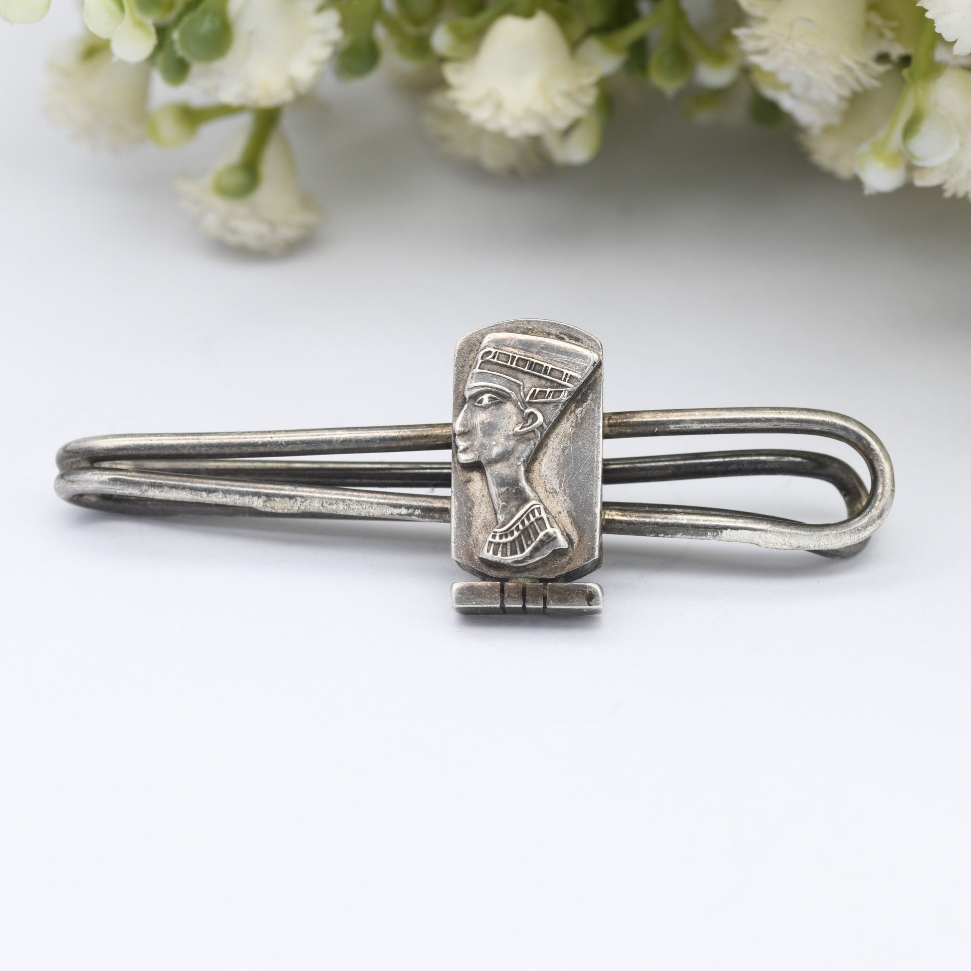 Vintage Egyptian Silver Tie Slide with Queen Nefertiti Pharaoh Head - Mid-Century Egyptian Revival
