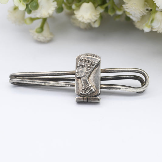 Vintage Egyptian Silver Tie Slide with Queen Nefertiti Pharaoh Head - Mid-Century Egyptian Revival