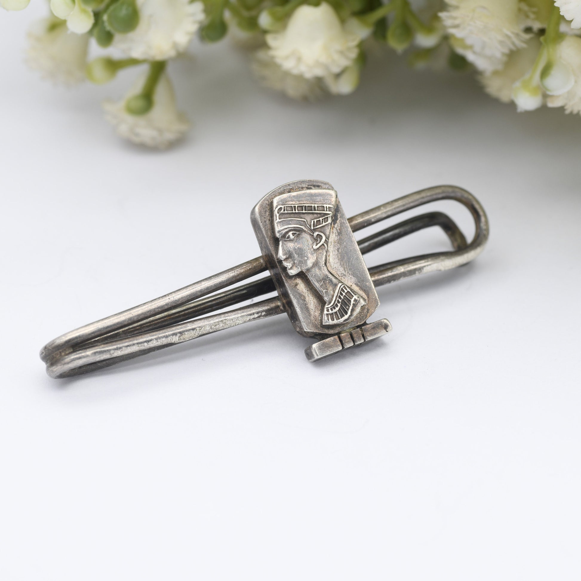 Vintage Egyptian Silver Tie Slide with Queen Nefertiti Pharaoh Head - Mid-Century Egyptian Revival