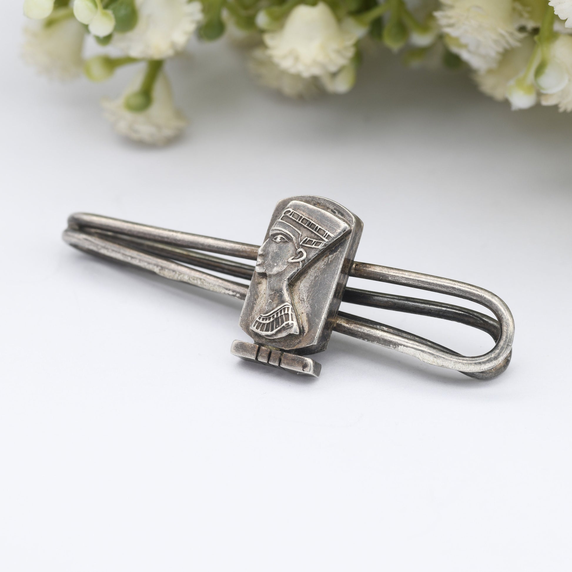 Vintage Egyptian Silver Tie Slide with Queen Nefertiti Pharaoh Head - Mid-Century Egyptian Revival