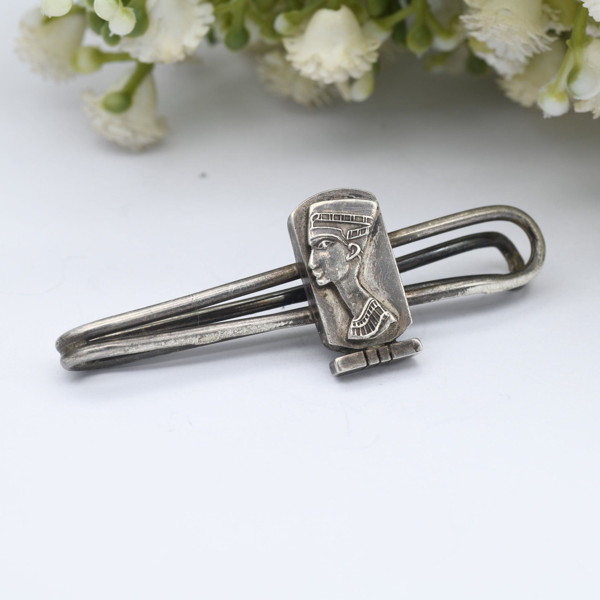 Vintage Egyptian Silver Tie Slide with Queen Nefertiti Pharaoh Head - Mid-Century Egyptian Revival