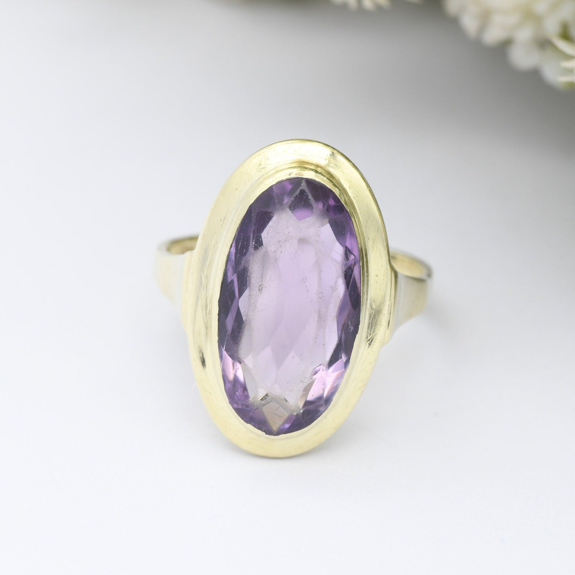 Vintage 14ct Gold Amethyst Ring - Chunky Mid-Century Statement | Large Oval Faceted Gemstone | UK Size - L 1/2 | US Size - 6