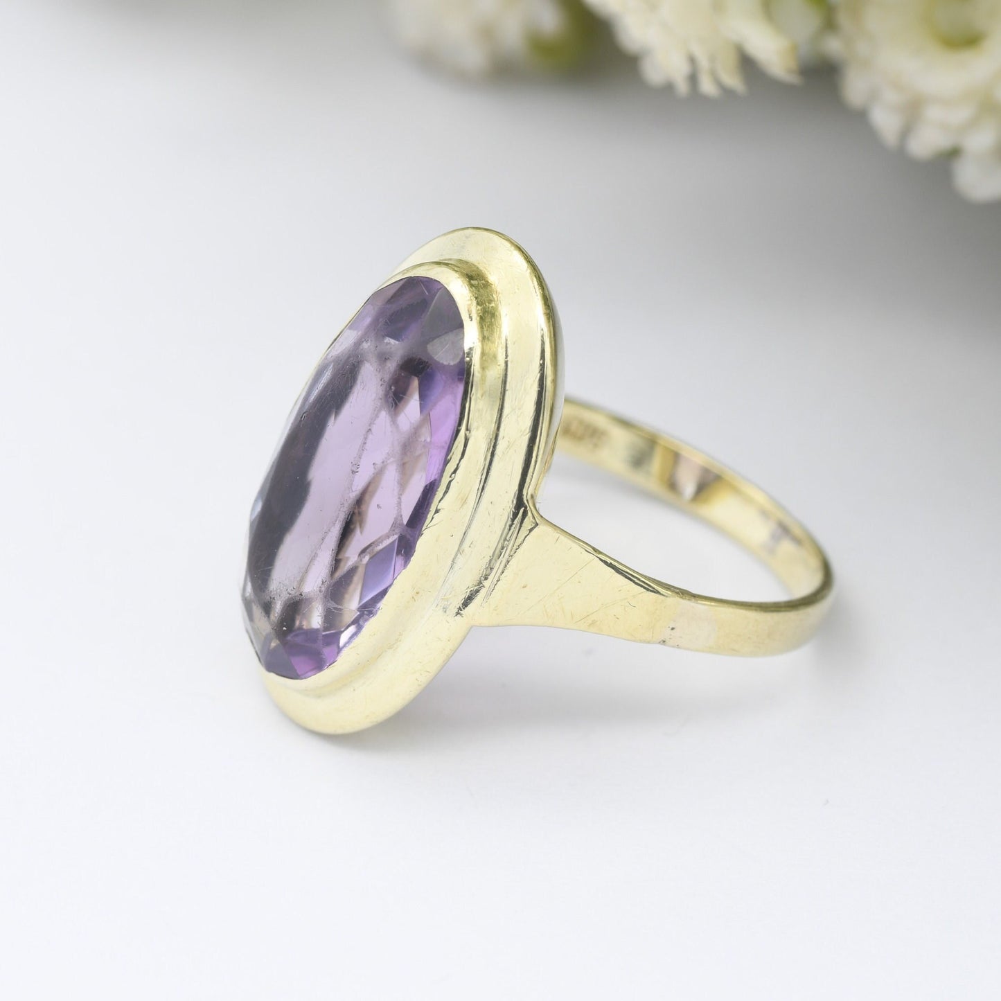 Vintage 14ct Gold Amethyst Ring - Chunky Mid-Century Statement | Large Oval Faceted Gemstone | UK Size - L 1/2 | US Size - 6