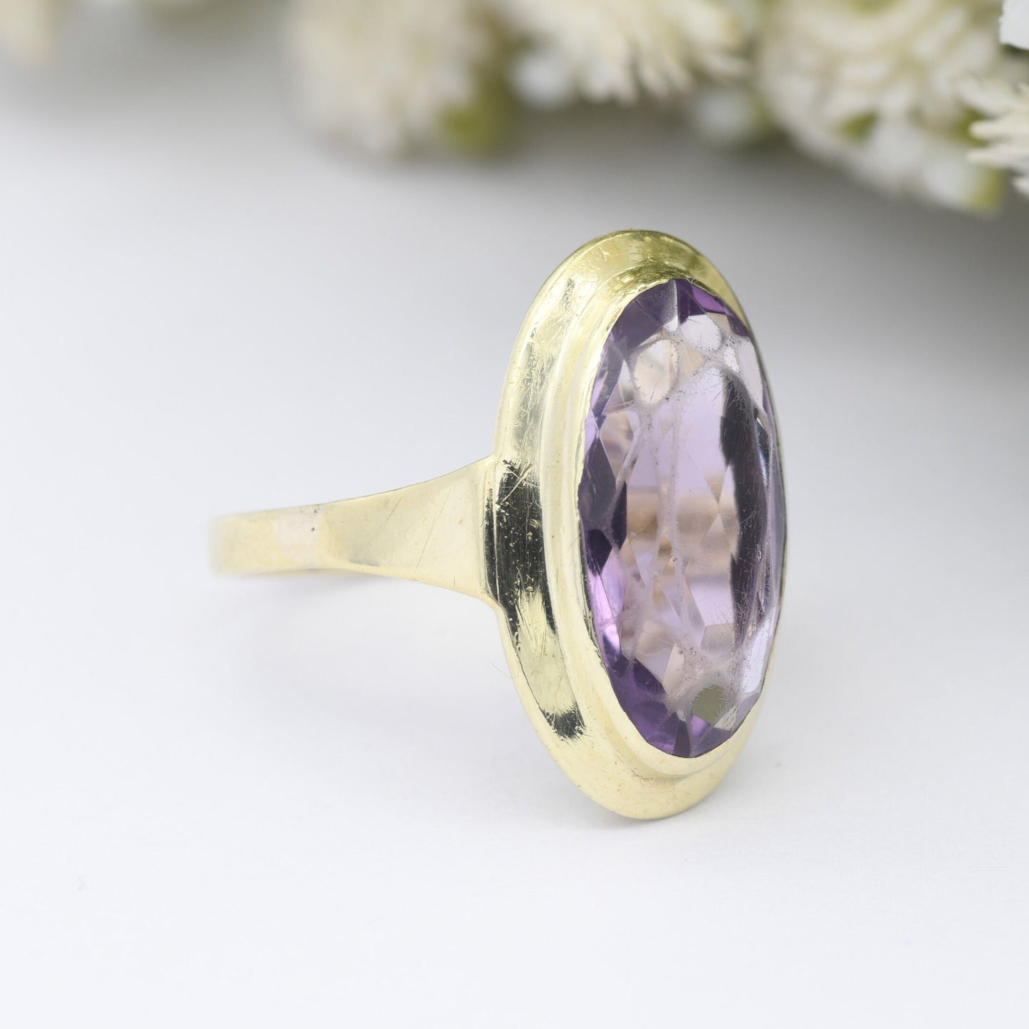 Vintage 14ct Gold Amethyst Ring - Chunky Mid-Century Statement | Large Oval Faceted Gemstone | UK Size - L 1/2 | US Size - 6