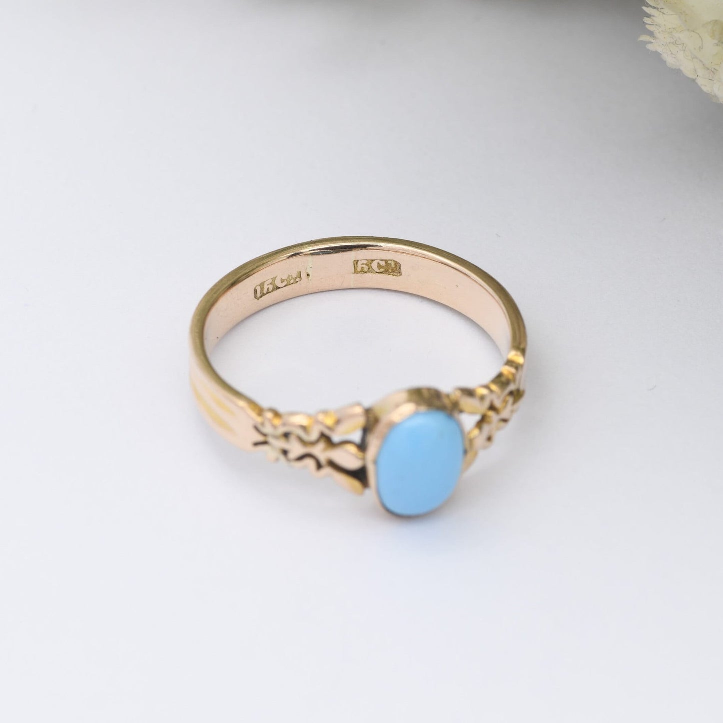 Antique 15ct Gold Ring with Pale Blue Stone - Victorian Gold Jewellery | Bezel Set Cabochon | UK Size - Q | US Size - 8