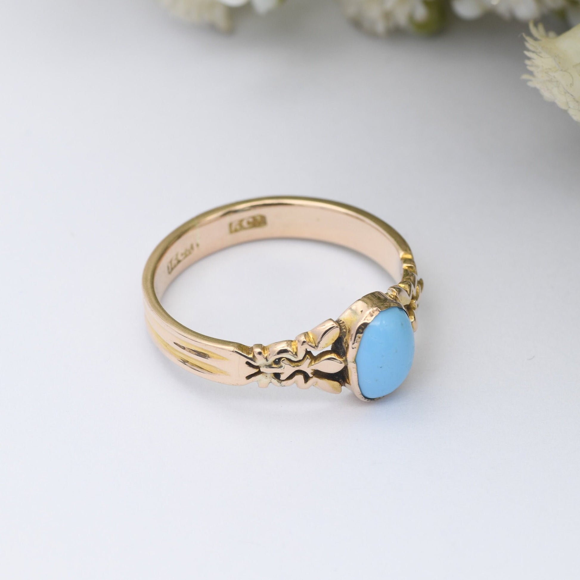 Antique 15ct Gold Ring with Pale Blue Stone - Victorian Gold Jewellery | Bezel Set Cabochon | UK Size - Q | US Size - 8