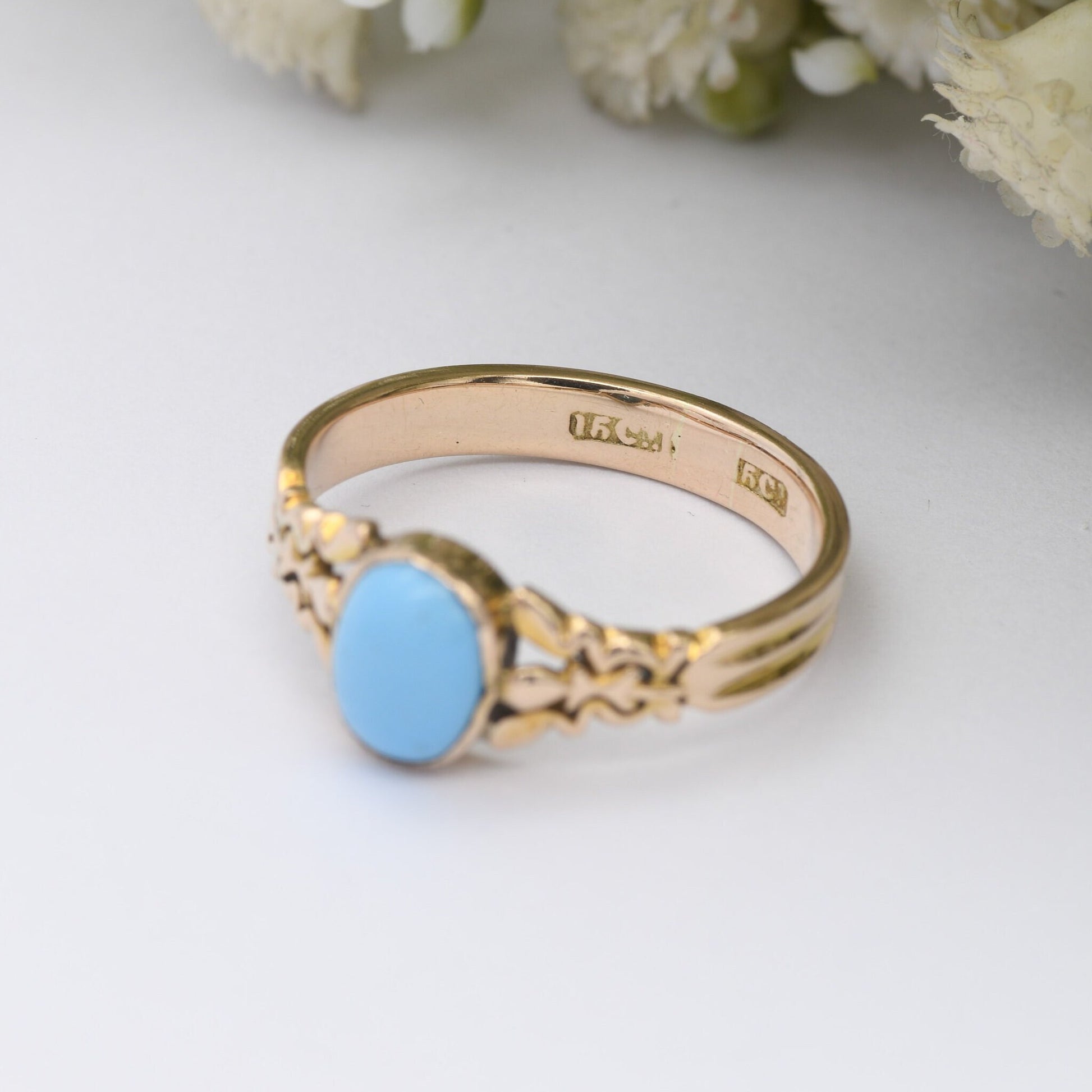 Antique 15ct Gold Ring with Pale Blue Stone - Victorian Gold Jewellery | Bezel Set Cabochon | UK Size - Q | US Size - 8