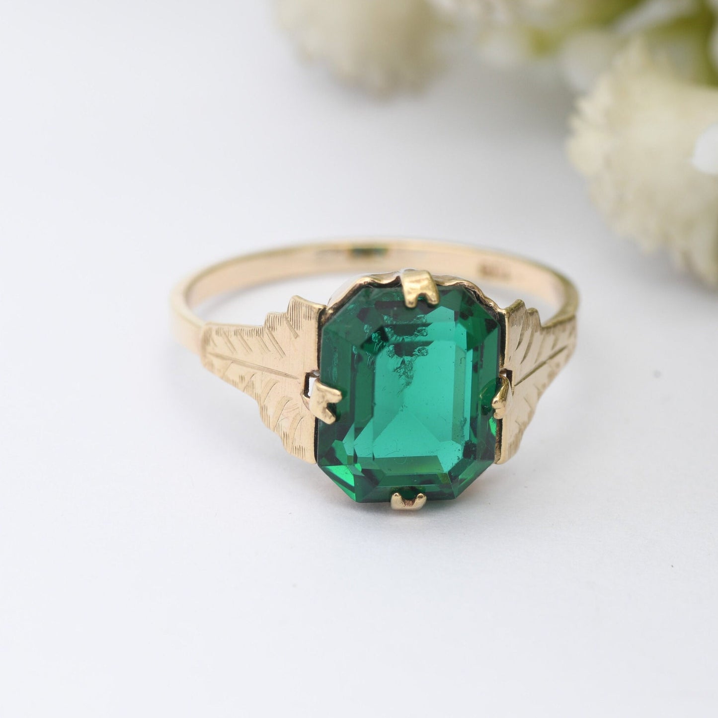 Antique Art Deco 9ct Gold Ring with Green Paste Stone