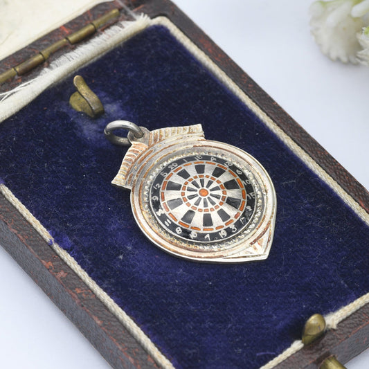 Vintage Sterling Silver Dartboard Watch Fob 1948 WW&S - Black and Red Enamel | Hand Engraved | Sports Gift for Darts Fan