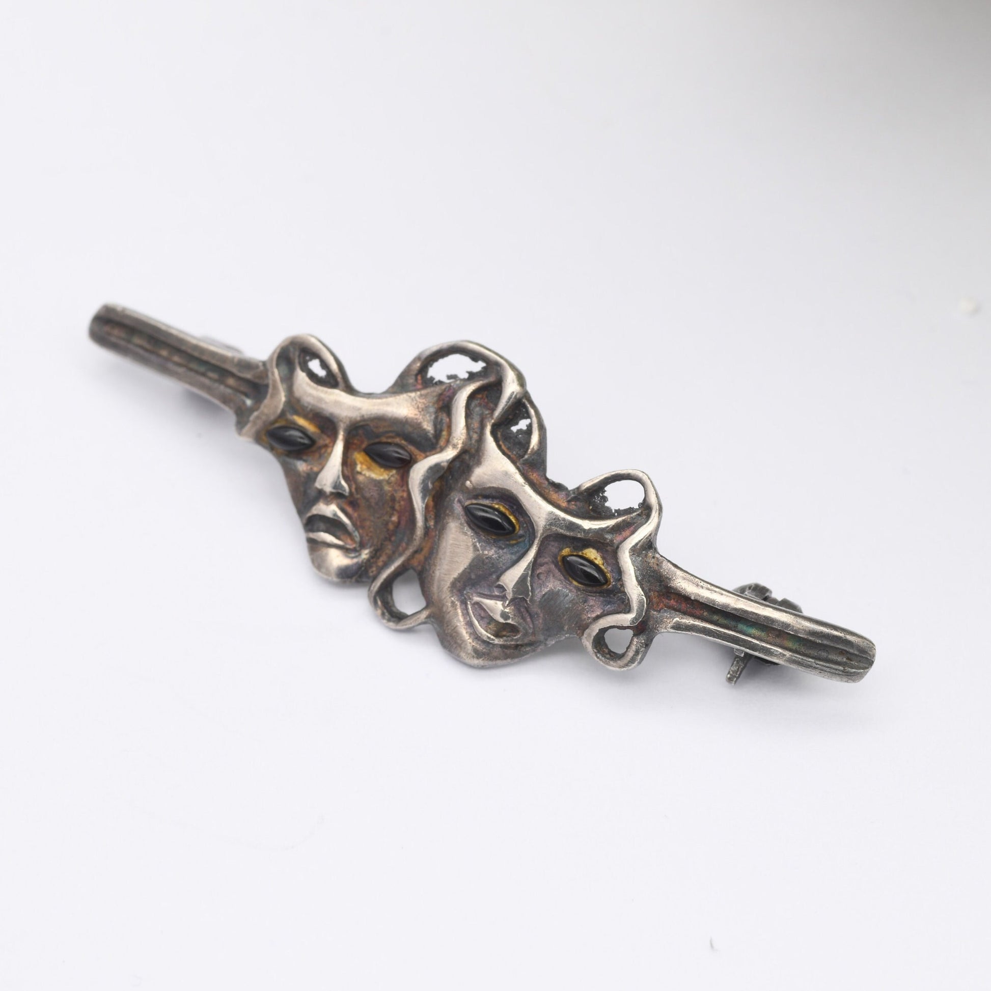 Vintage Sterling Silver Theatre Masks Brooch with Onyx Eyes - Sock and Buskin | Thalia and Melpomene Faces Linked