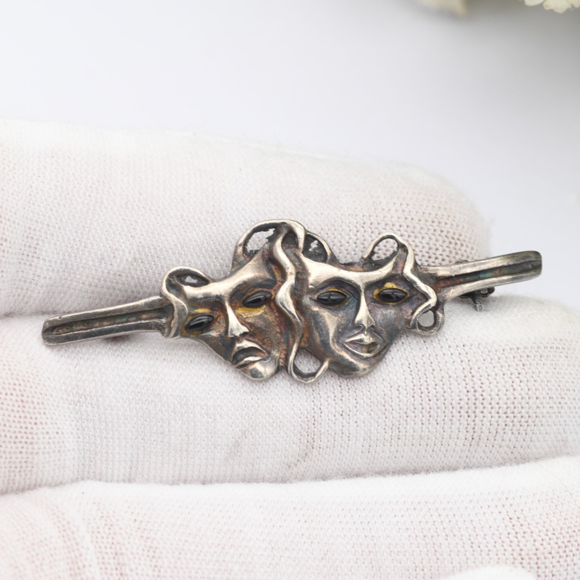 Vintage Sterling Silver Theatre Masks Brooch with Onyx Eyes - Sock and Buskin | Thalia and Melpomene Faces Linked