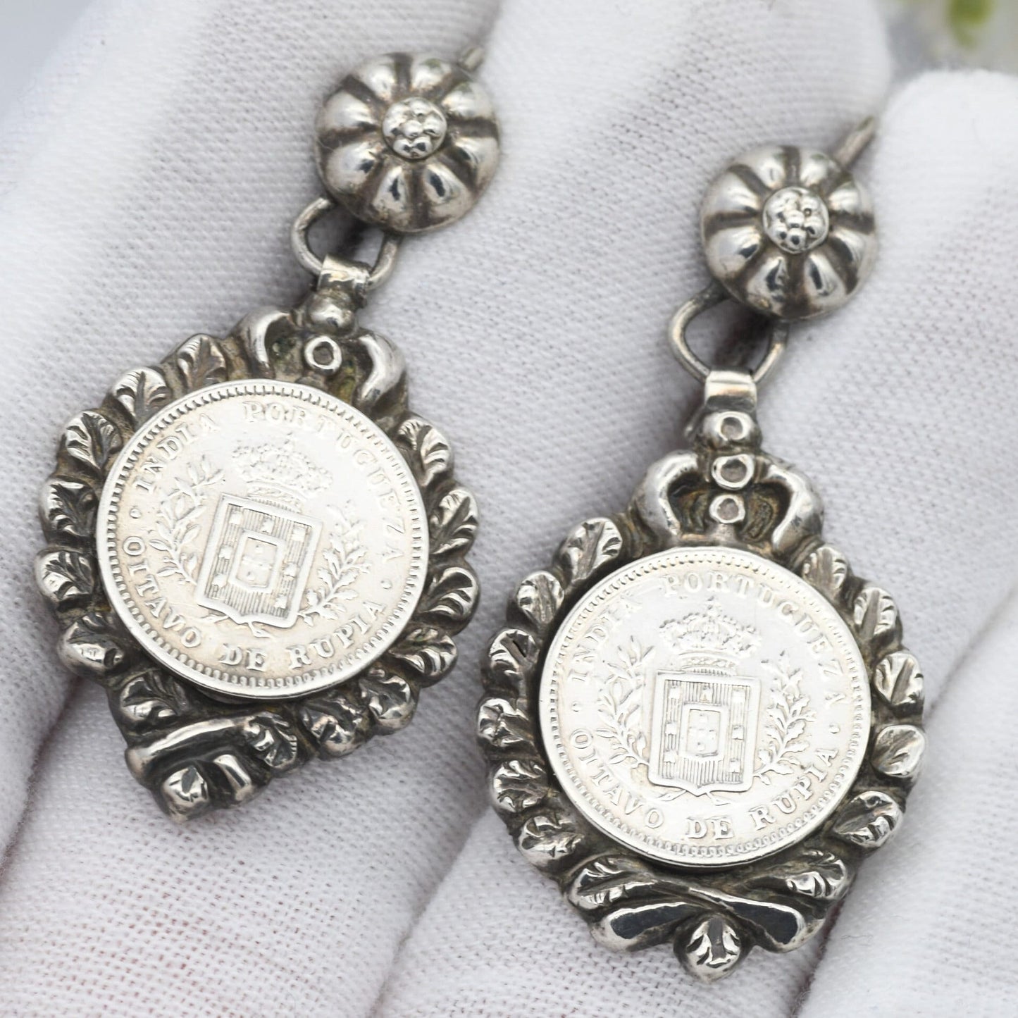 Antique 1881 Portuguese India Silver Coin Brooch and Earrings Set - Victorian Demi Parure | Luis I | 1/2 Rupia 1/4 Rupia | Matching Set