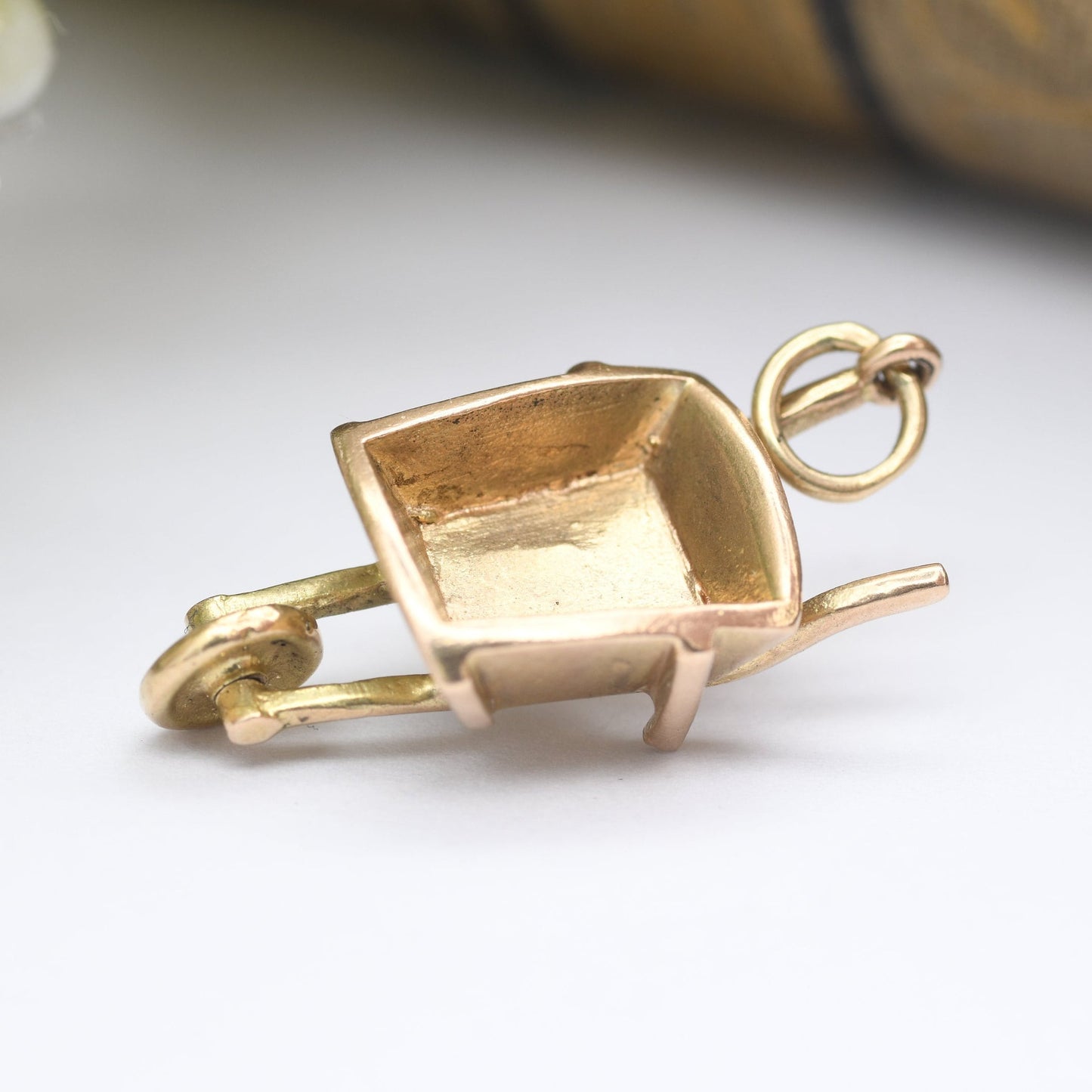 Vintage 9ct Gold Wheelbarrow Charm Pendant 1980 - Wonky Wheel Barrow | Nicely Detailed | UK Hallmarks | Spinning Wheel