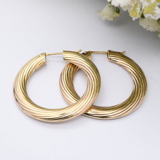 Vintage 9ct Gold Hoop Earrings 1990 - Chunky Hollow Hoops | Large Size 3.8cm Diameter | Made in Italy