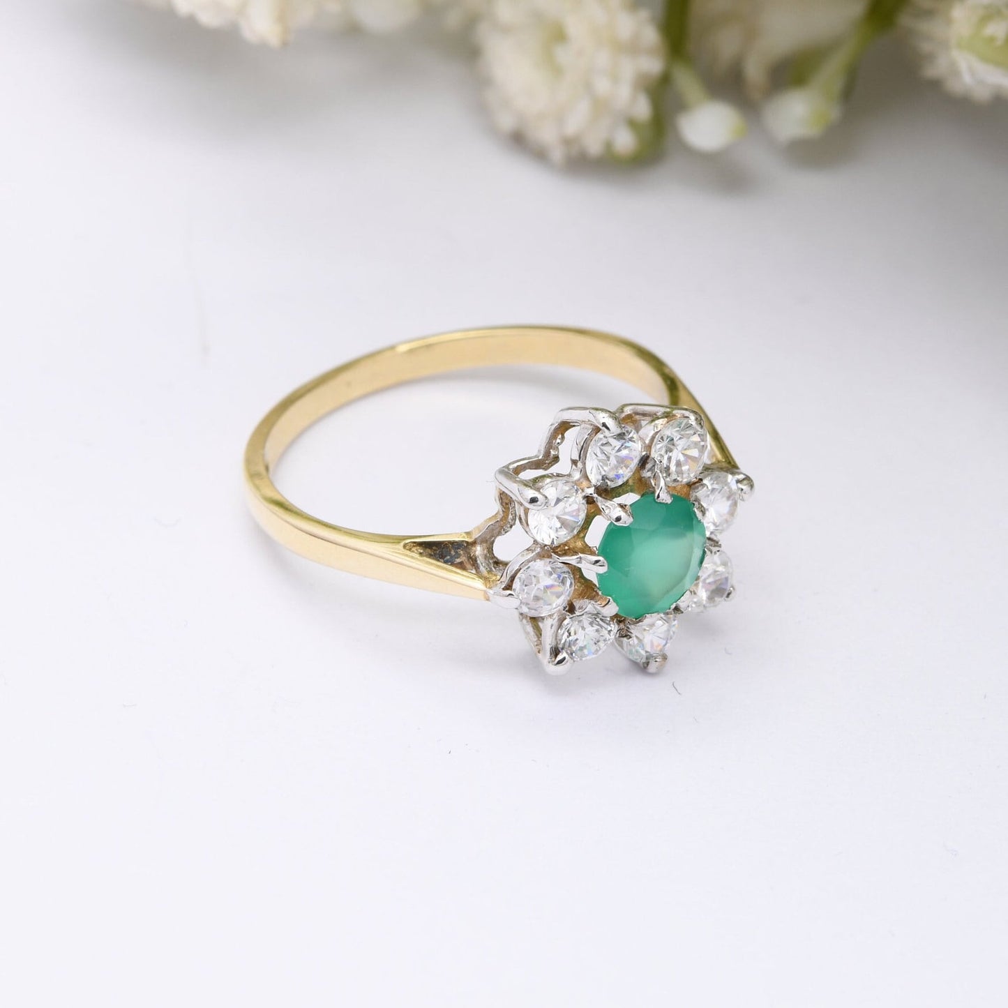 Vintage 9ct Gold Green Stone CZ Flower Cluster Ring 1992 - Cocktail Statement Ring | UK Size - P | US Size - 7 1/2