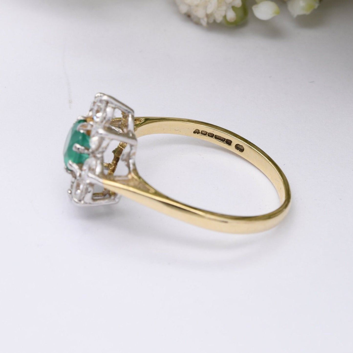 Vintage 9ct Gold Green Stone CZ Flower Cluster Ring 1992 - Cocktail Statement Ring | UK Size - P | US Size - 7 1/2