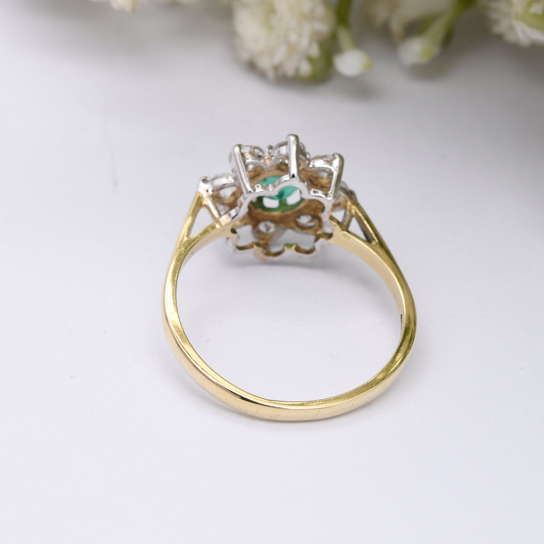 Vintage 9ct Gold Green Stone CZ Flower Cluster Ring 1992 - Cocktail Statement Ring | UK Size - P | US Size - 7 1/2