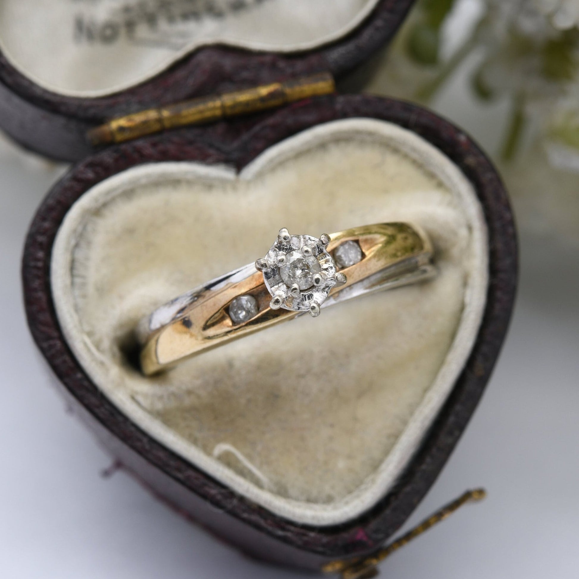 Vintage 9ct Gold Diamond Solitaire Ring - Yellow Gold and White Gold Engagement Ring | Diamond Shoulders | UK Size - J | US Size - 4 3/4