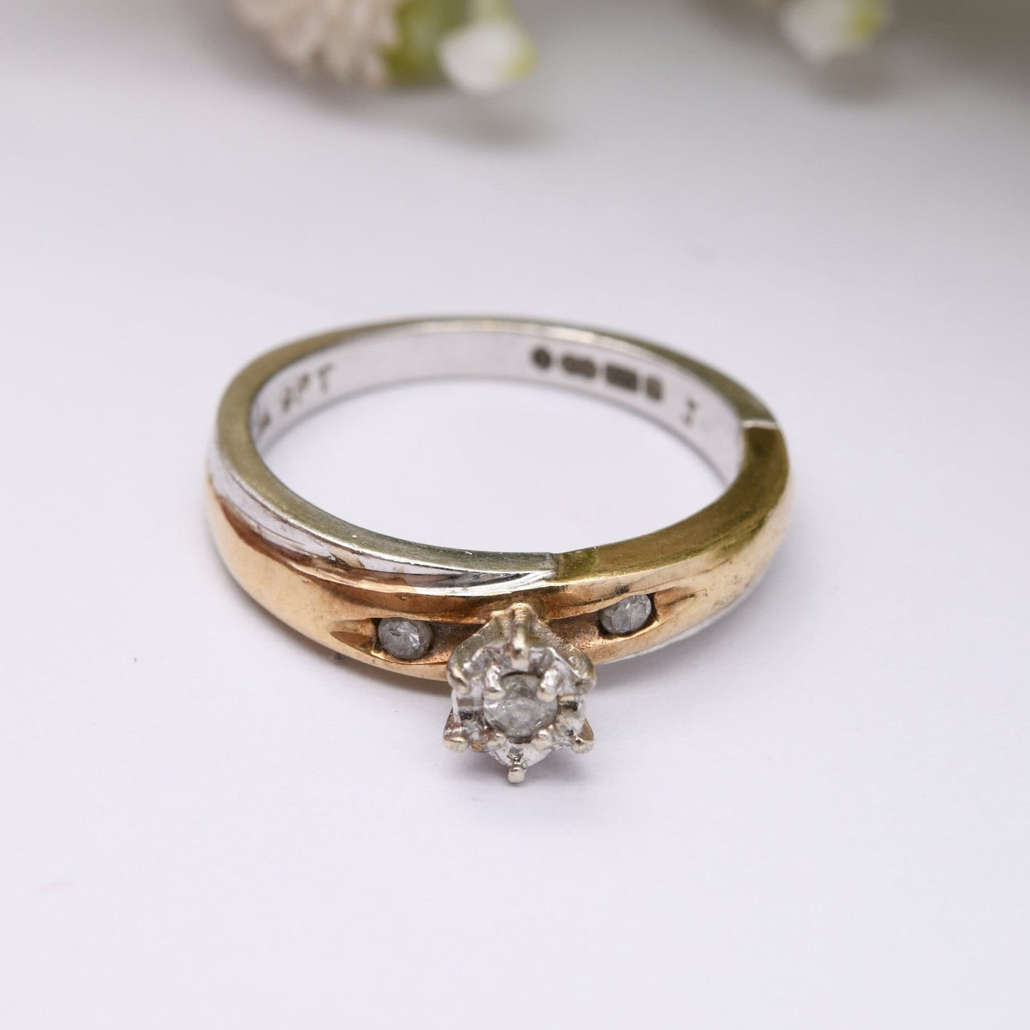 Vintage 9ct Gold Diamond Solitaire Ring - Yellow Gold and White Gold Engagement Ring | Diamond Shoulders | UK Size - J | US Size - 4 3/4