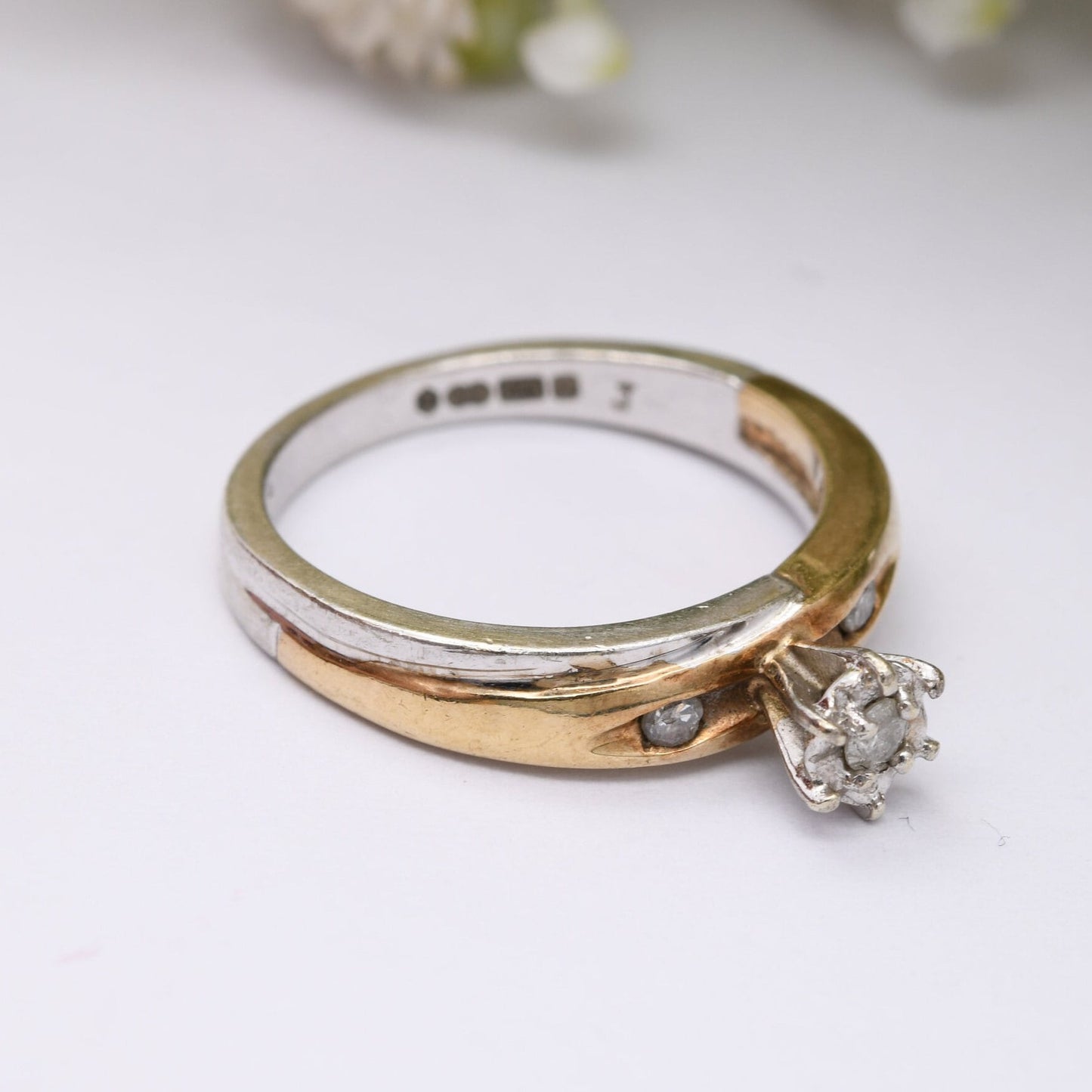 Vintage 9ct Gold Diamond Solitaire Ring - Yellow Gold and White Gold Engagement Ring | Diamond Shoulders | UK Size - J | US Size - 4 3/4