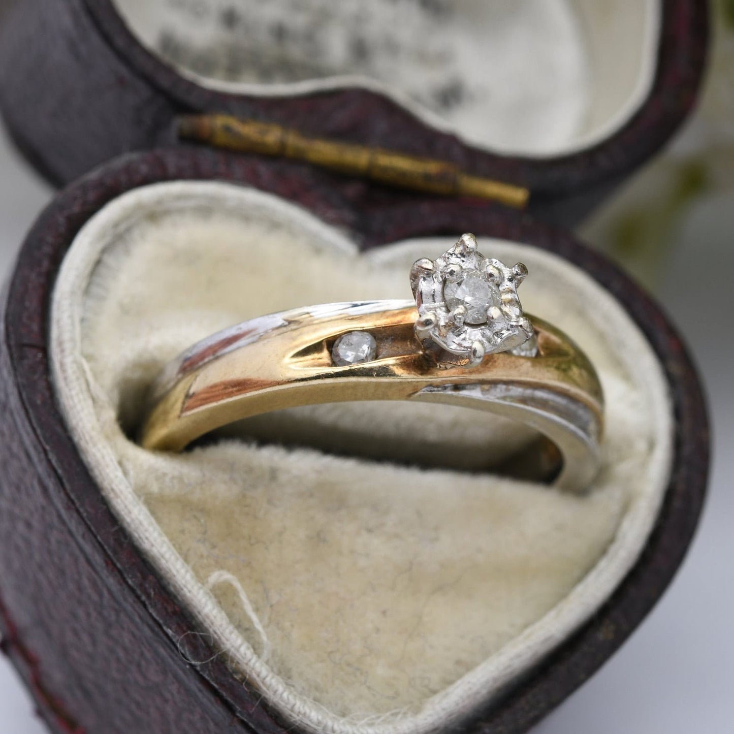 Vintage 9ct Gold Diamond Solitaire Ring - Yellow Gold and White Gold Engagement Ring | Diamond Shoulders | UK Size - J | US Size - 4 3/4