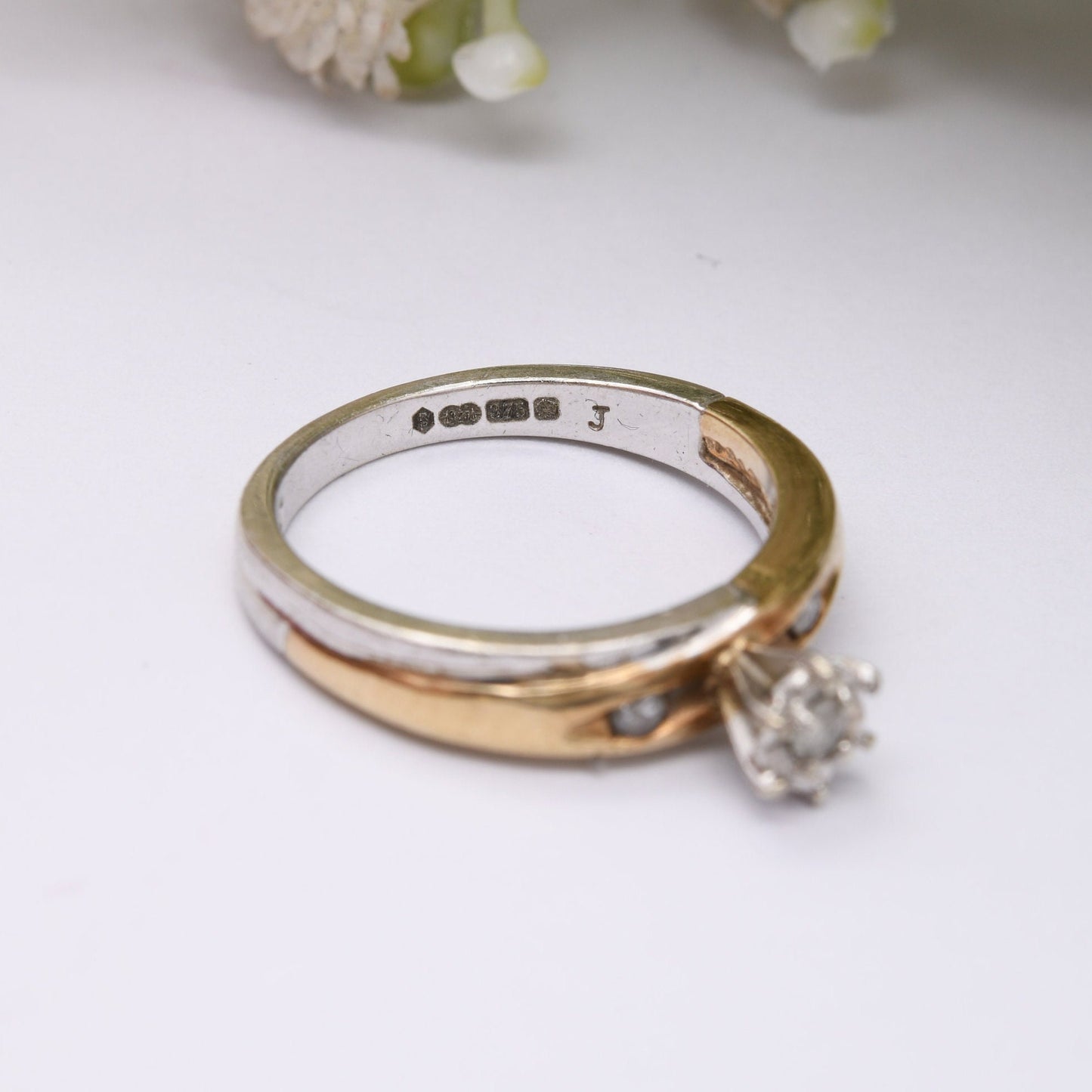 Vintage 9ct Gold Diamond Solitaire Ring - Yellow Gold and White Gold Engagement Ring | Diamond Shoulders | UK Size - J | US Size - 4 3/4