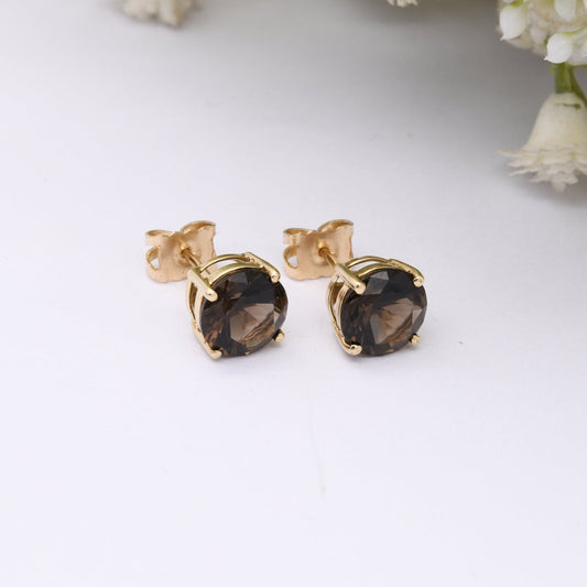 9ct Gold Smoky Quartz Stud Earrings - Brown Gemstone | Butterfly Back | Solid Gold | Chunky Studs