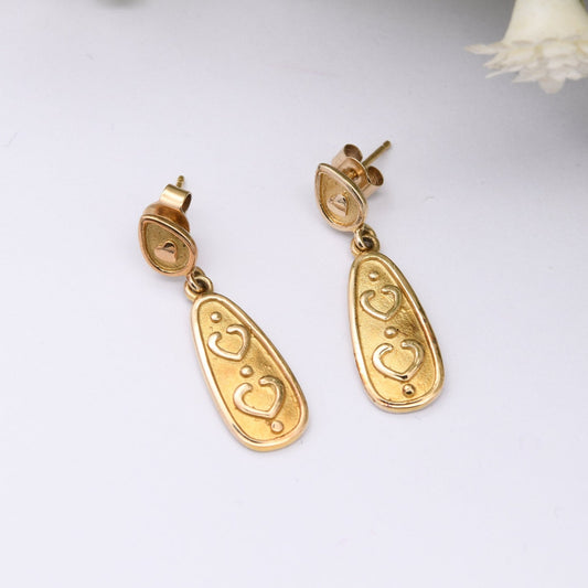 Vintage 9ct Gold Drop Earrings - Cute Love Heart Design | Minimal Everyday Gold Jewellery