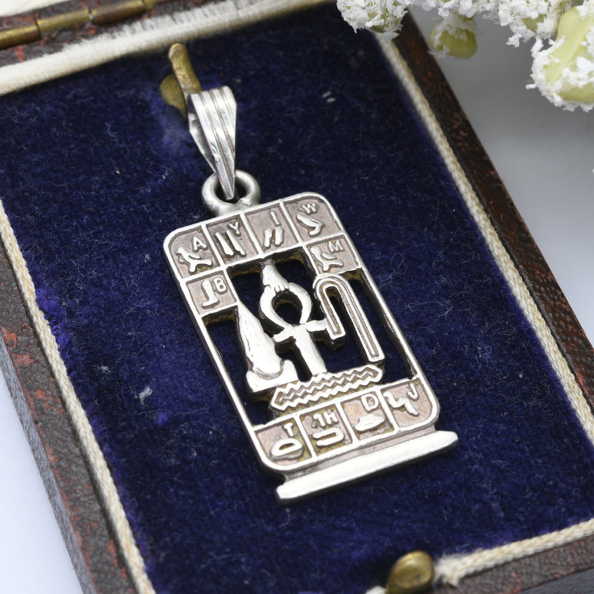 Vintage Egyptian Silver Cartouche Pendant with Hieroglyphs and Ankh