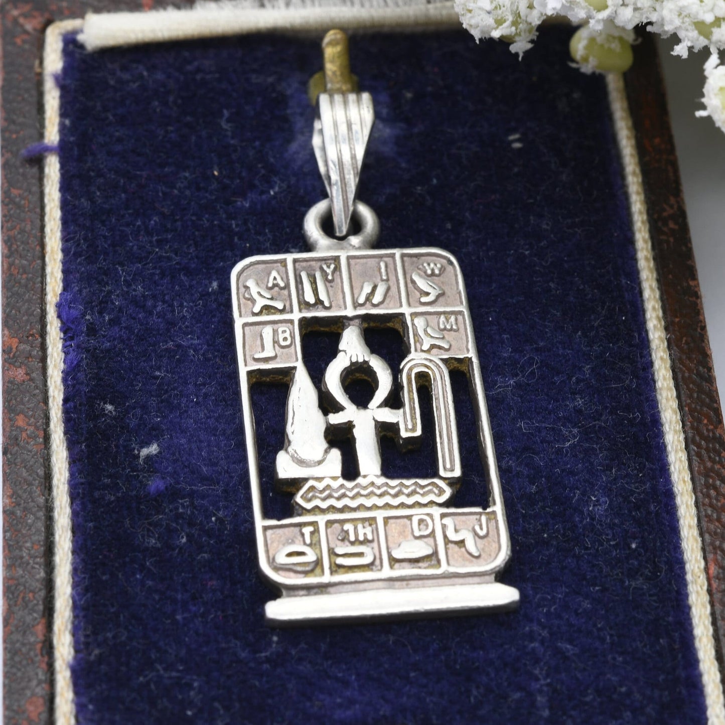 Vintage Egyptian Silver Cartouche Pendant with Hieroglyphs and Ankh