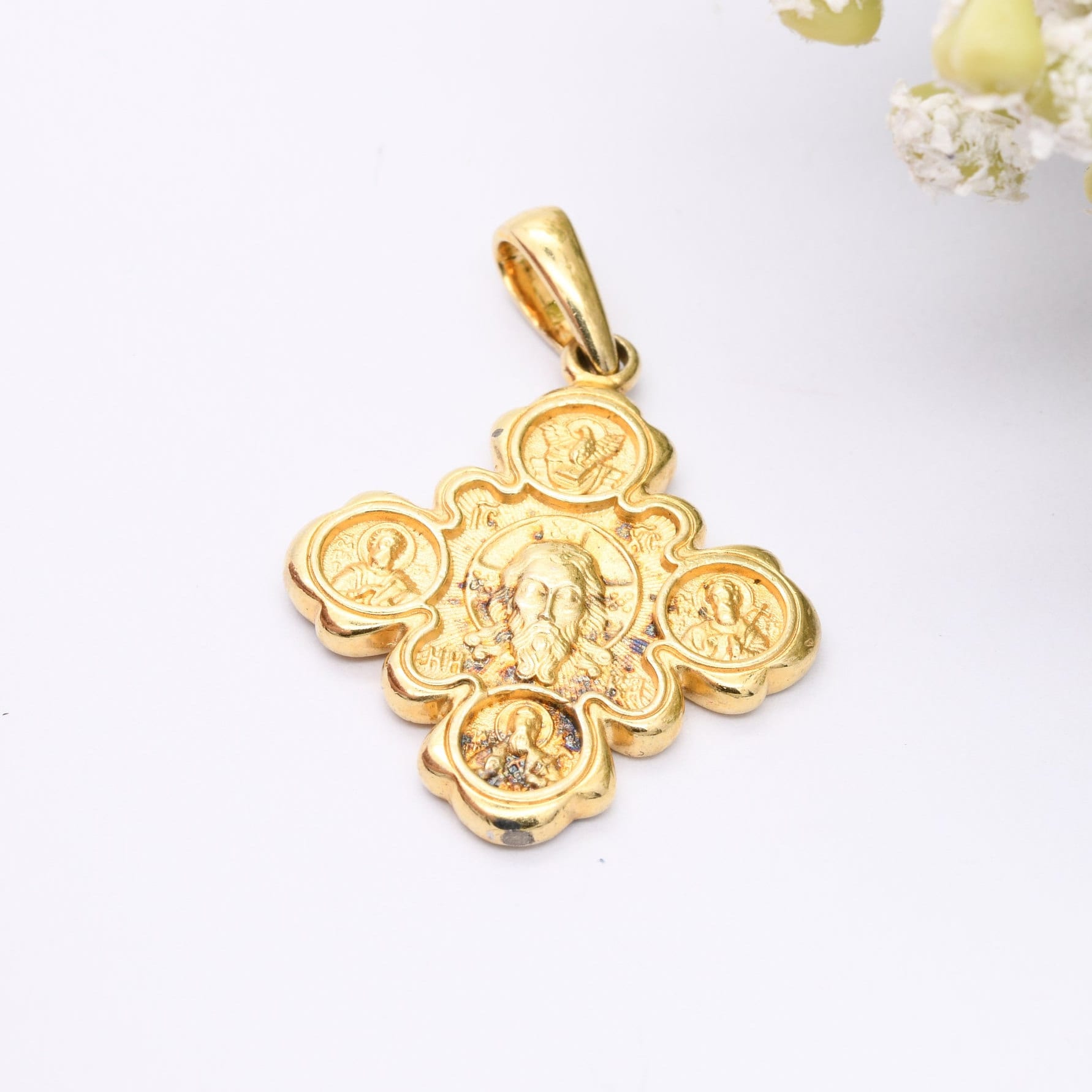 Vintage Christian Pendant Square Cross with Jesus Mary Saints