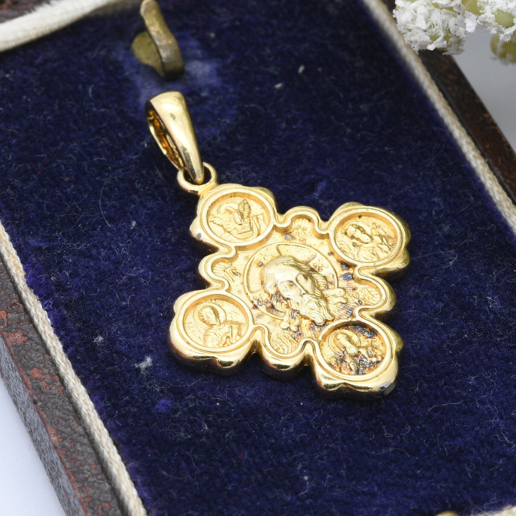 Vintage Christian Pendant Square Cross with Jesus Mary Saints