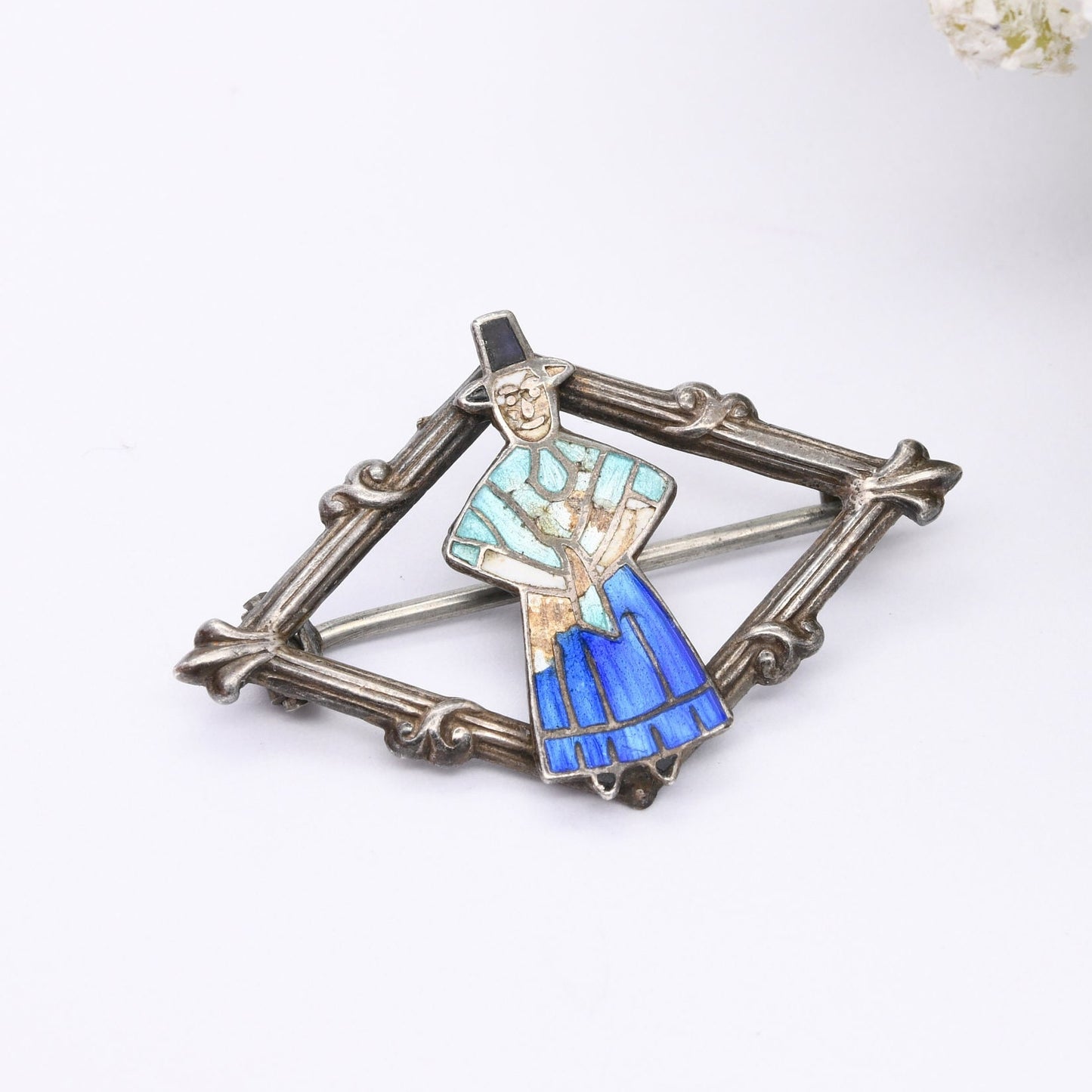 Antique Sterling Silver Enamel Welsh Girl Brooch 1912