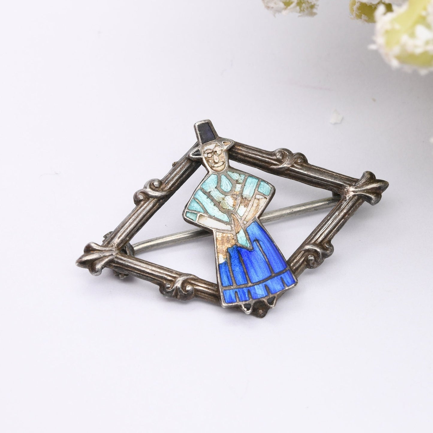 Antique Sterling Silver Enamel Welsh Girl Brooch 1912