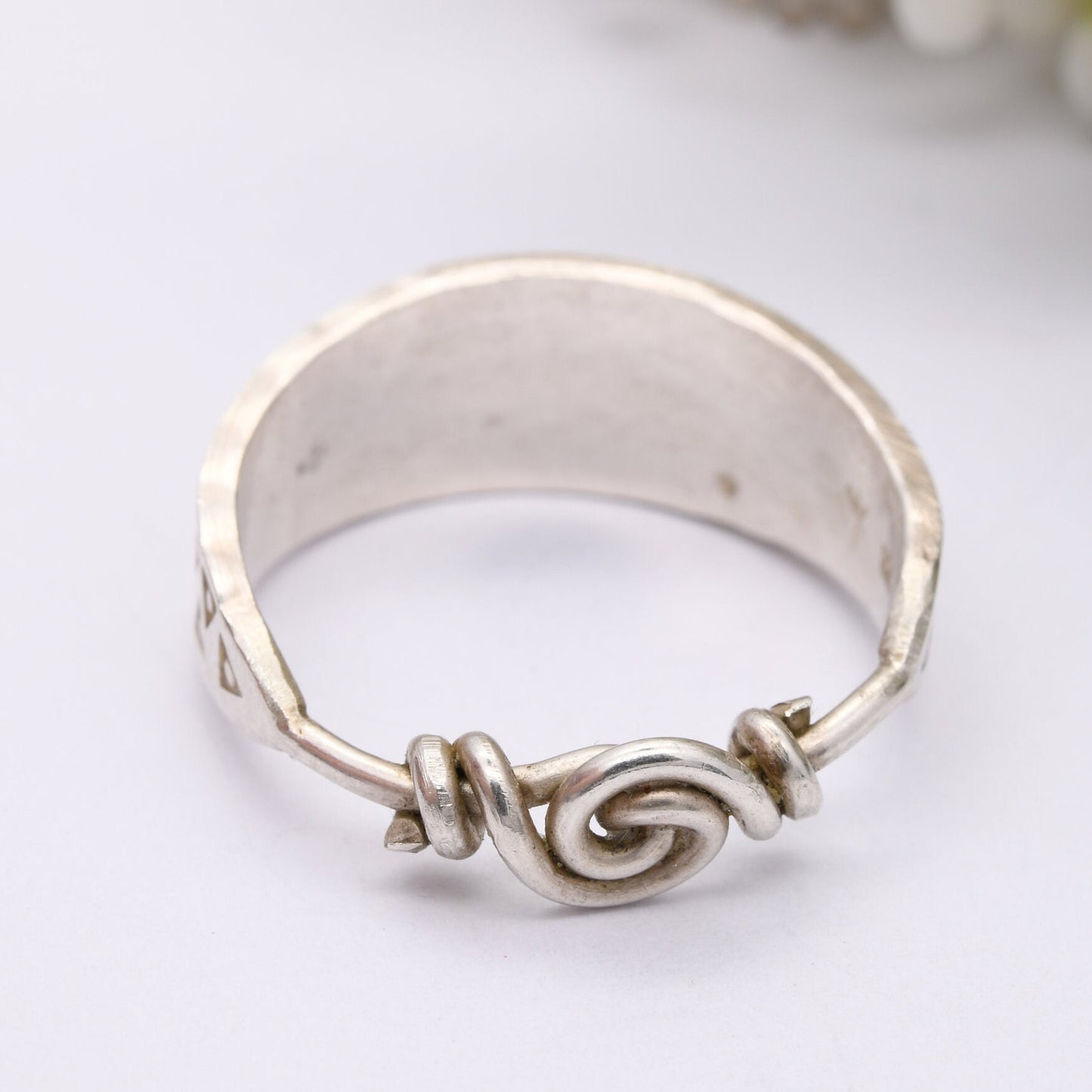 Unusual Vintage Sterling Silver Rune Ring - Chi Rho Symbol Engraved | Twisted Band Wirework | Unisex | UK Size - Q | US Size - 8