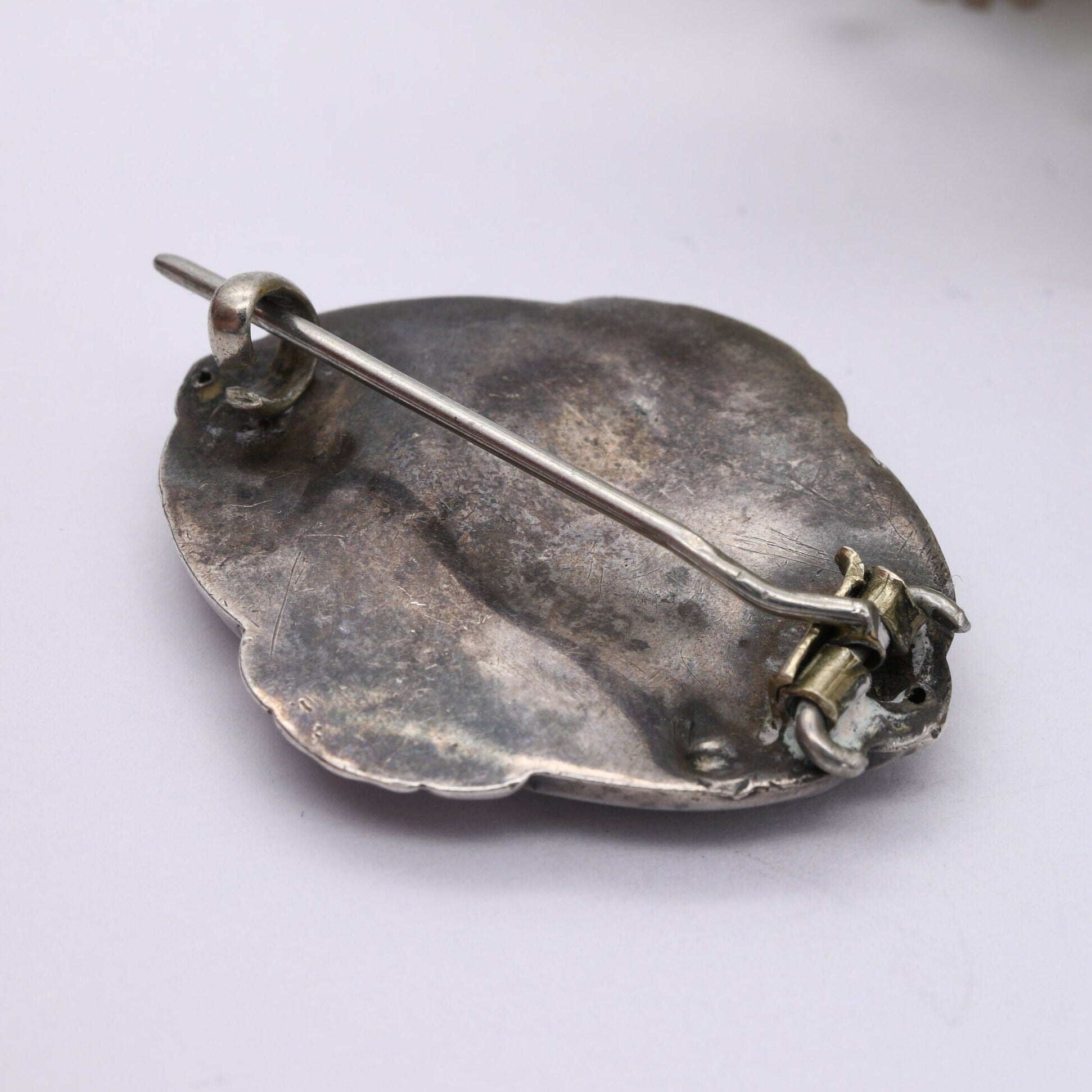 Antique Victorian Sterling Silver Brooch Aesthetic Movement Engraving - Oval Leaf Flower Brooch