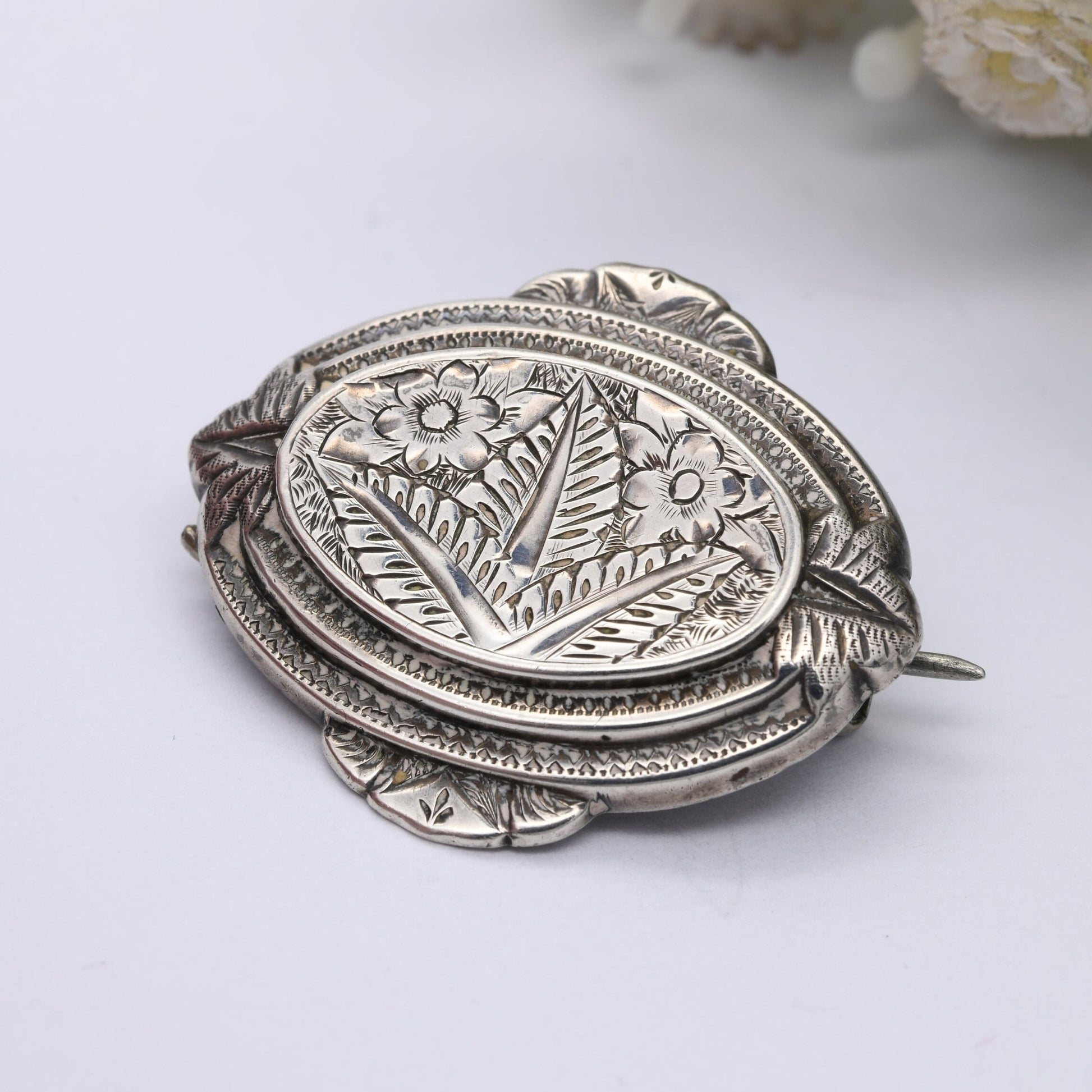 Antique Victorian Sterling Silver Brooch Aesthetic Movement Engraving - Oval Leaf Flower Brooch