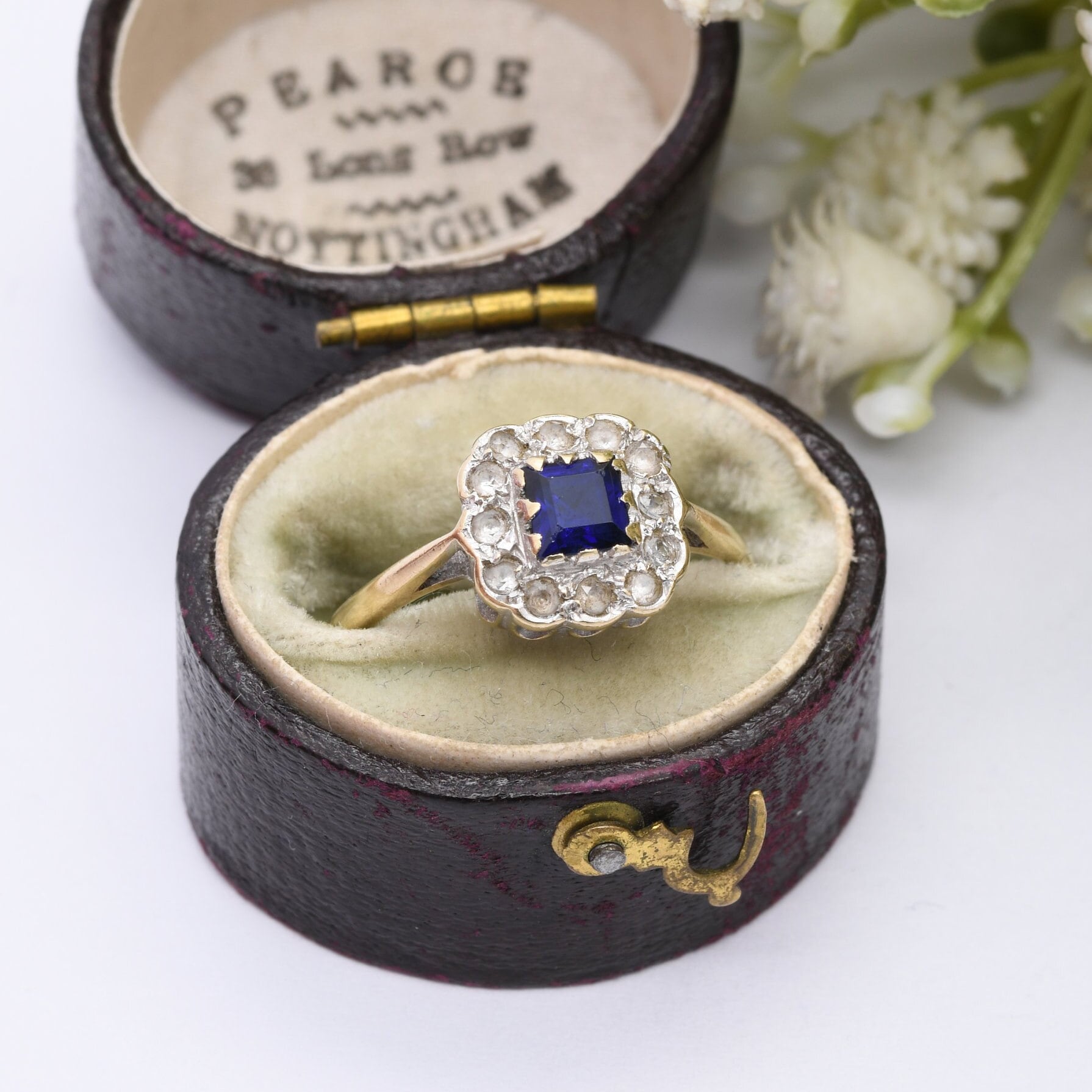 Vintage 9ct Gold Paste Blue and Clear Stone Halo Cluster Ring 1966 - Cocktail Statement Ring | UK Size - M | US Size - 6 1/4