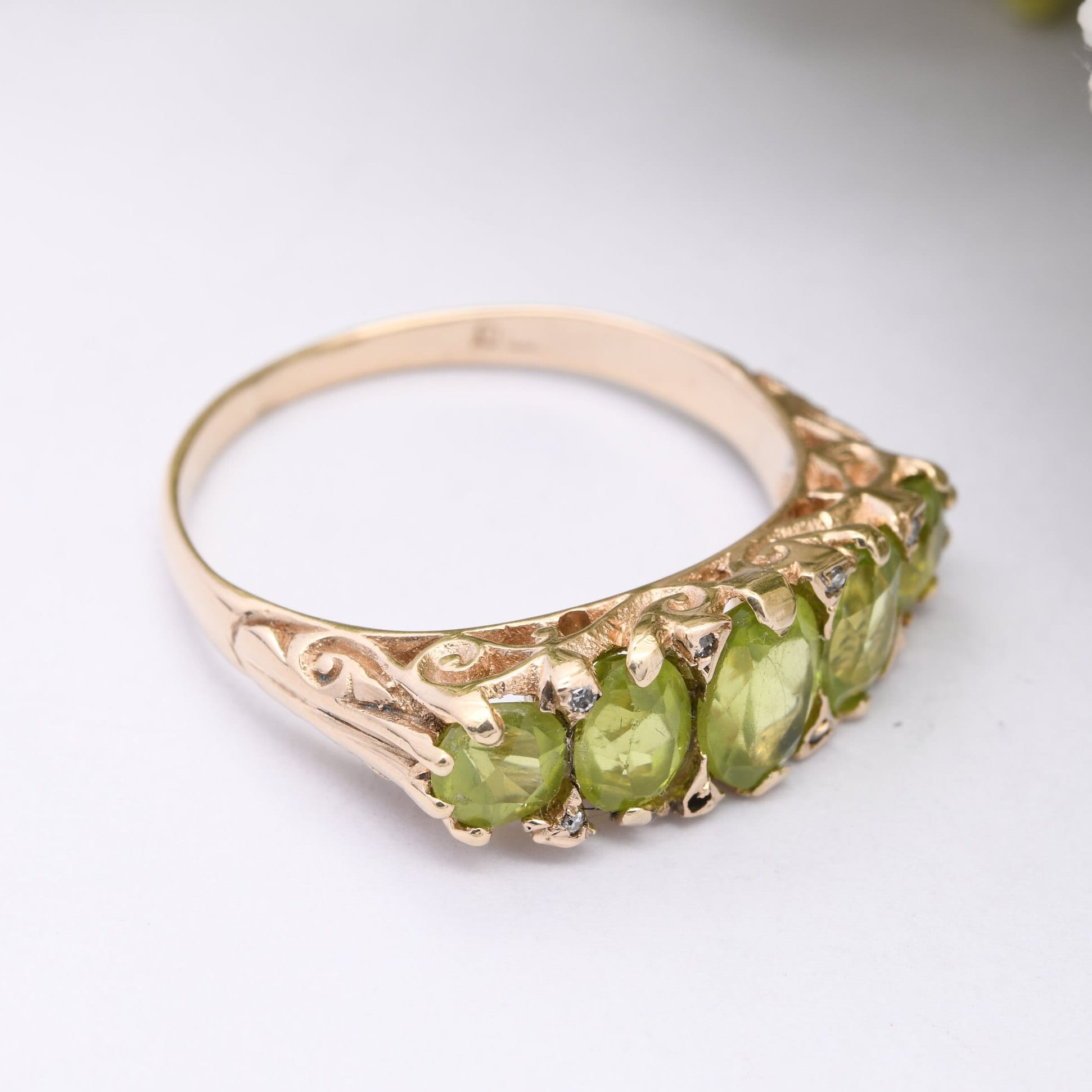 Vintage 9ct Gold Peridot Diamond Statement Ring - Five Stone Ring | Antique Style | UK Size - S | US Size - 9