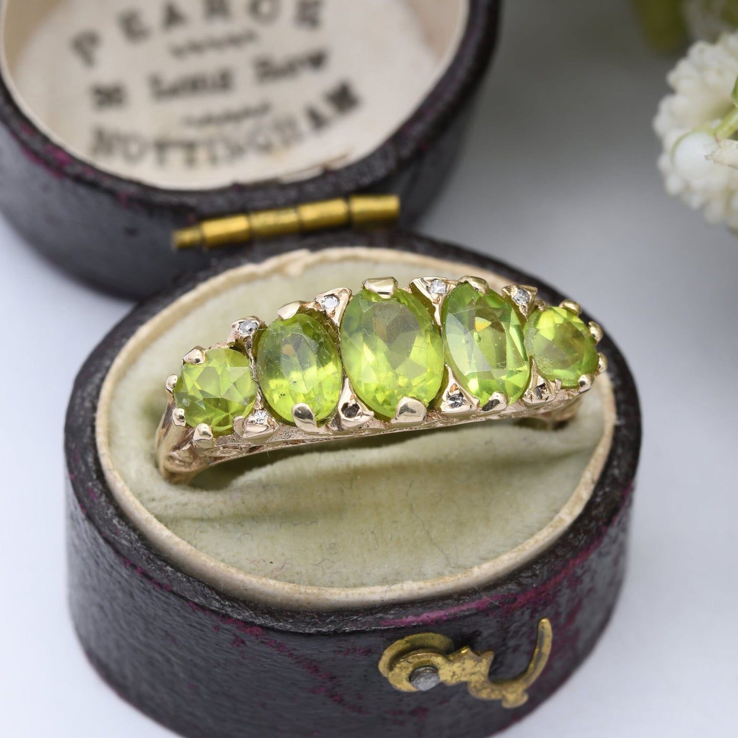 Vintage 9ct Gold Peridot Diamond Statement Ring - Five Stone Ring | Antique Style | UK Size - S | US Size - 9