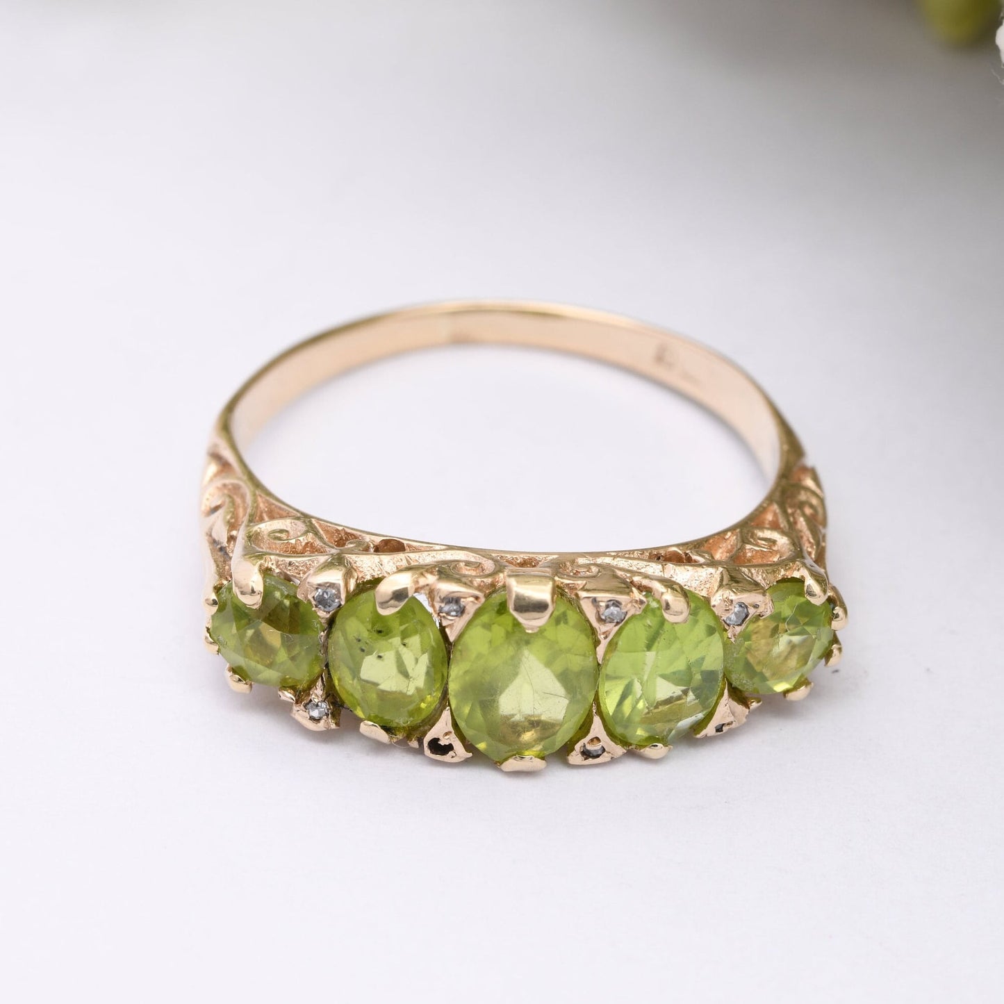 Vintage 9ct Gold Peridot Diamond Statement Ring - Five Stone Ring | Antique Style | UK Size - S | US Size - 9