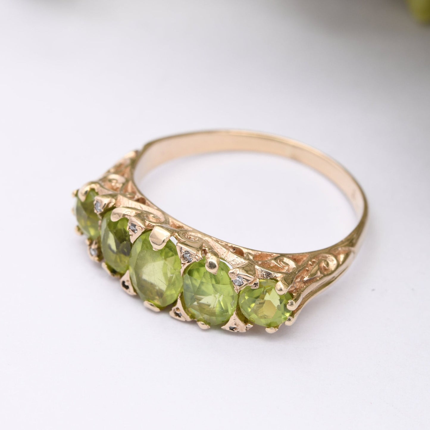 Vintage 9ct Gold Peridot Diamond Statement Ring - Five Stone Ring | Antique Style | UK Size - S | US Size - 9