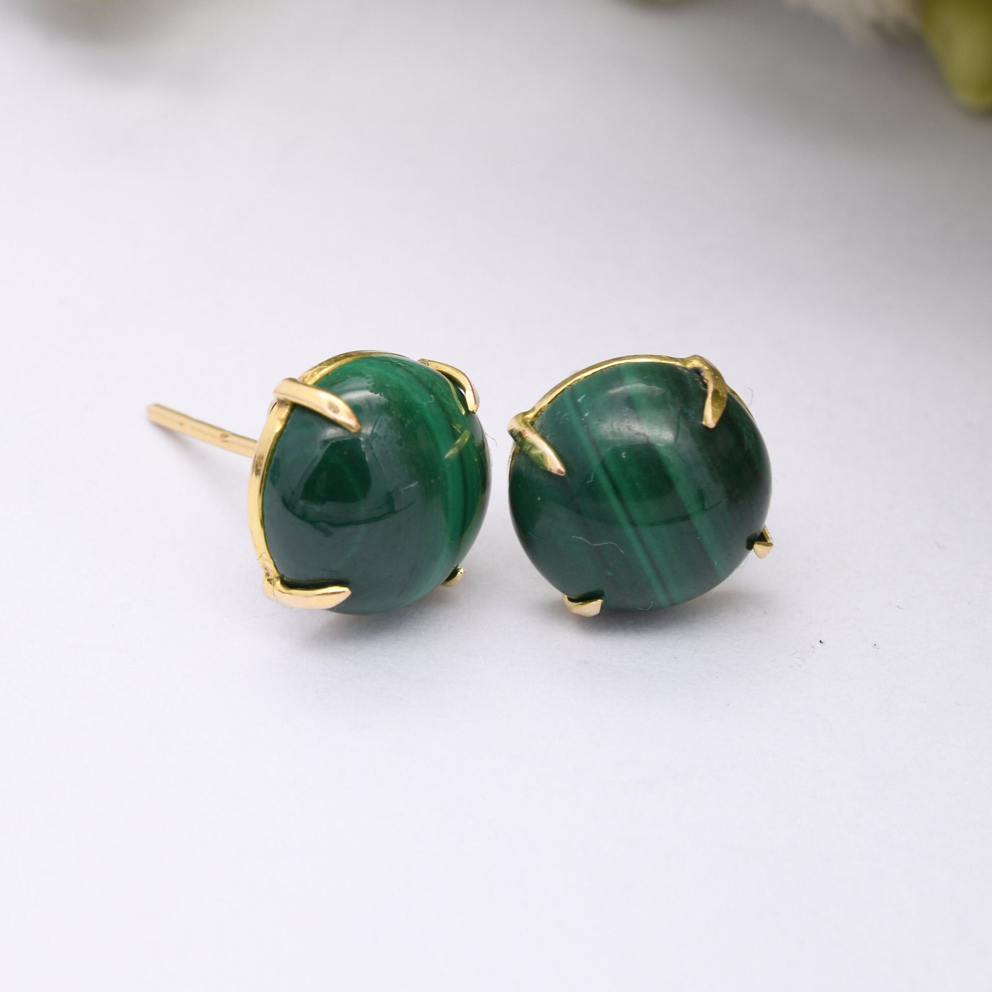 Vintage 9ct Gold Malachite Stud Earrings - Green Gemstone | May Birthstone | Cabochon Gems | Butterfly Back | Solid Gold