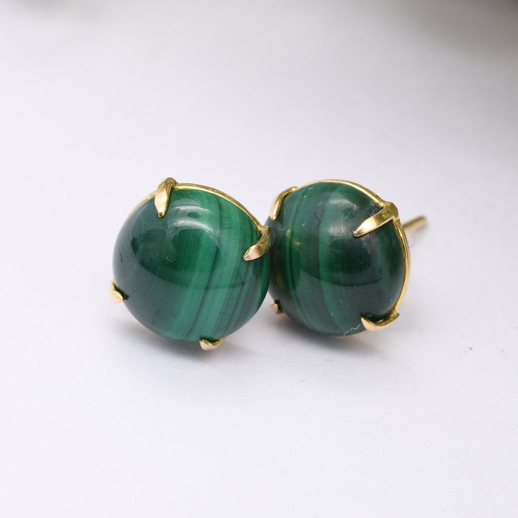 Vintage 9ct Gold Malachite Stud Earrings - Green Gemstone | May Birthstone | Cabochon Gems | Butterfly Back | Solid Gold